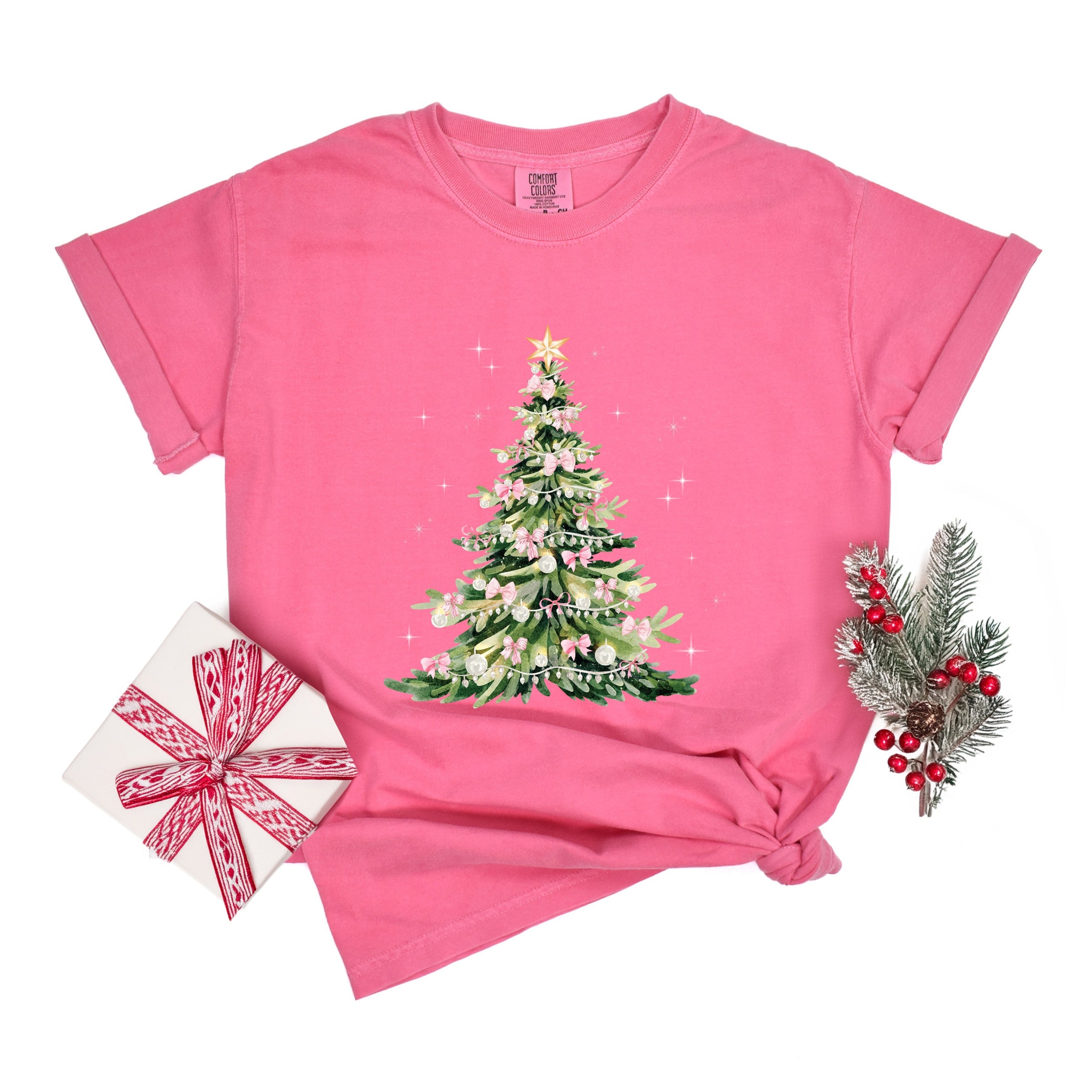 Watercolor Christmas Tree Sparkle - Womens Garment Dyed Tee