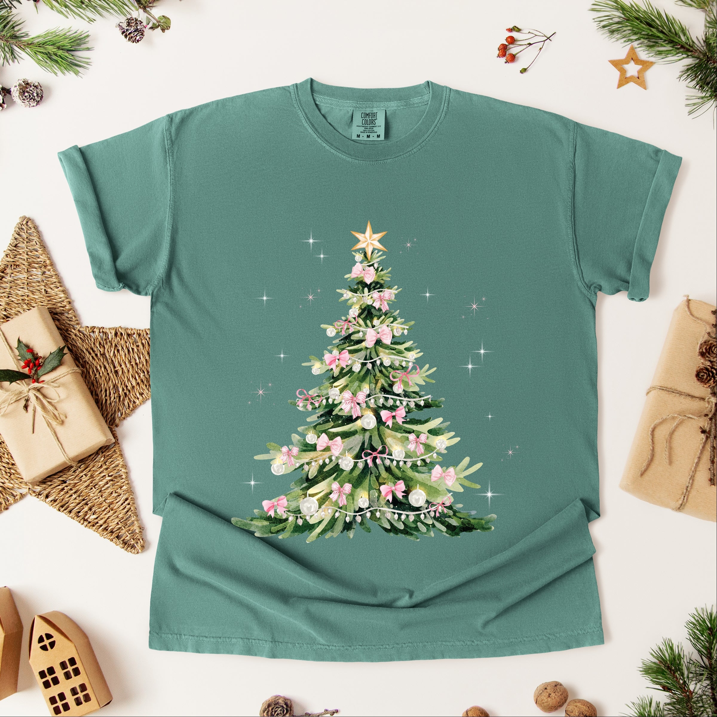 Watercolor Christmas Tree Sparkle - Womens Garment Dyed Tee