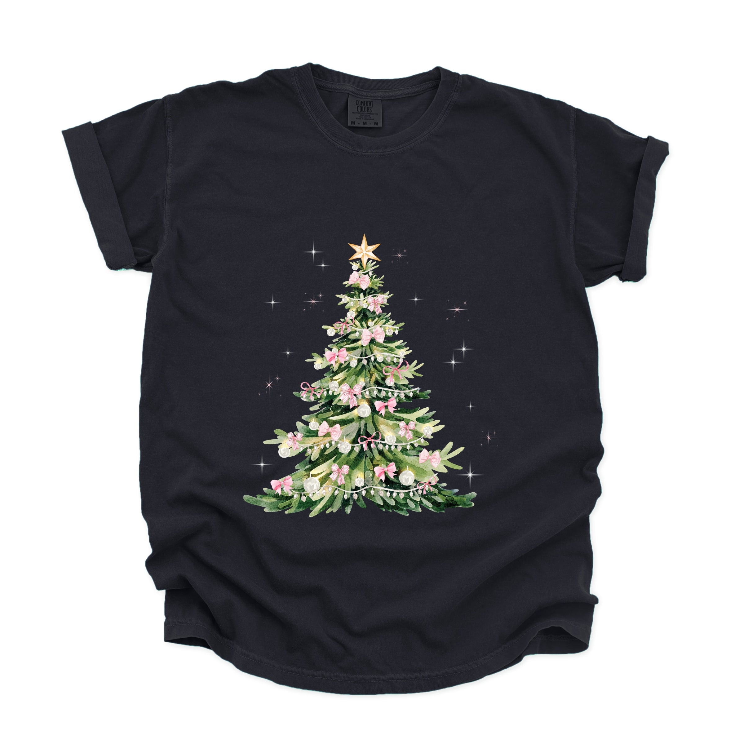 Watercolor Christmas Tree Sparkle - Womens Garment Dyed Tee