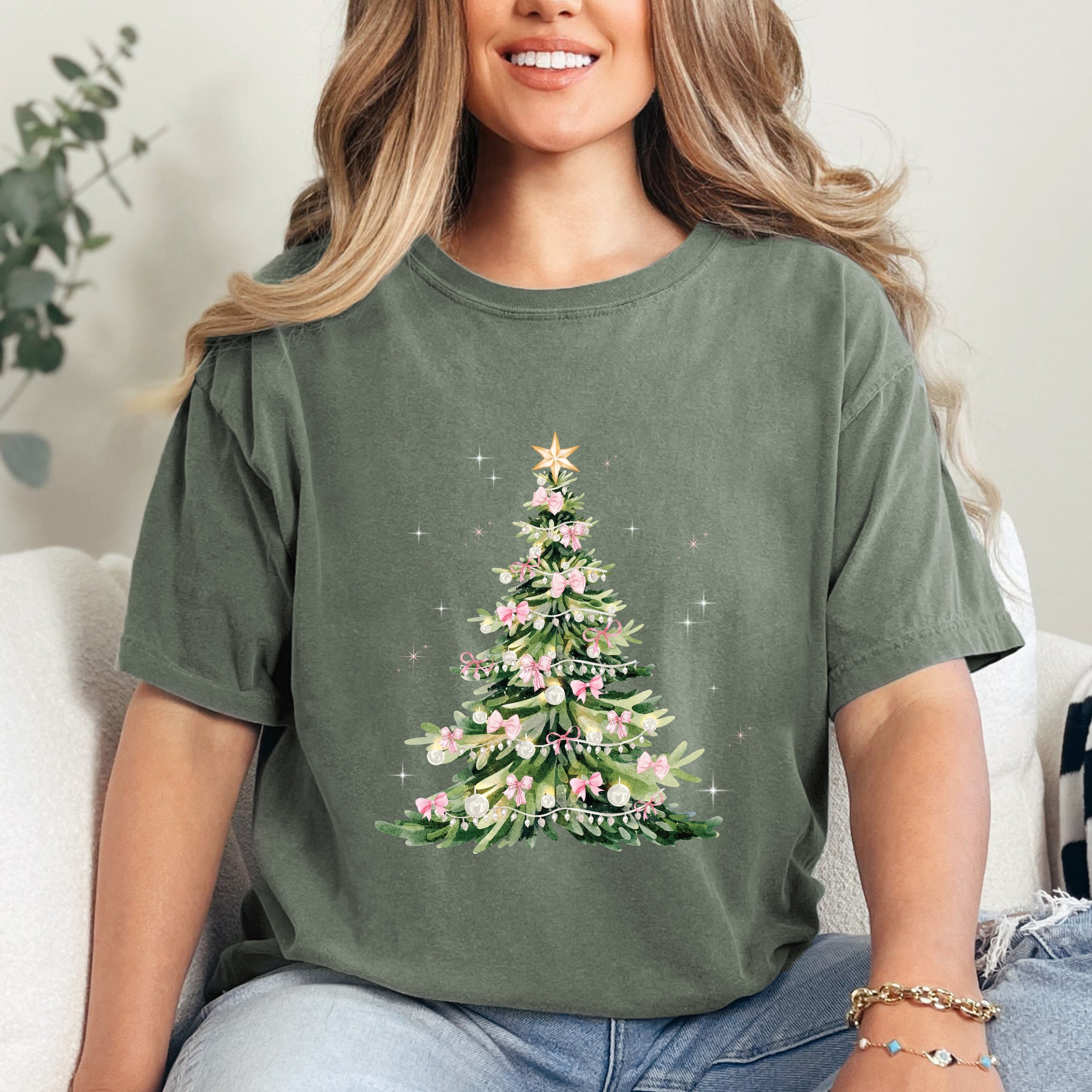 Watercolor Christmas Tree Sparkle - Womens Garment Dyed Tee