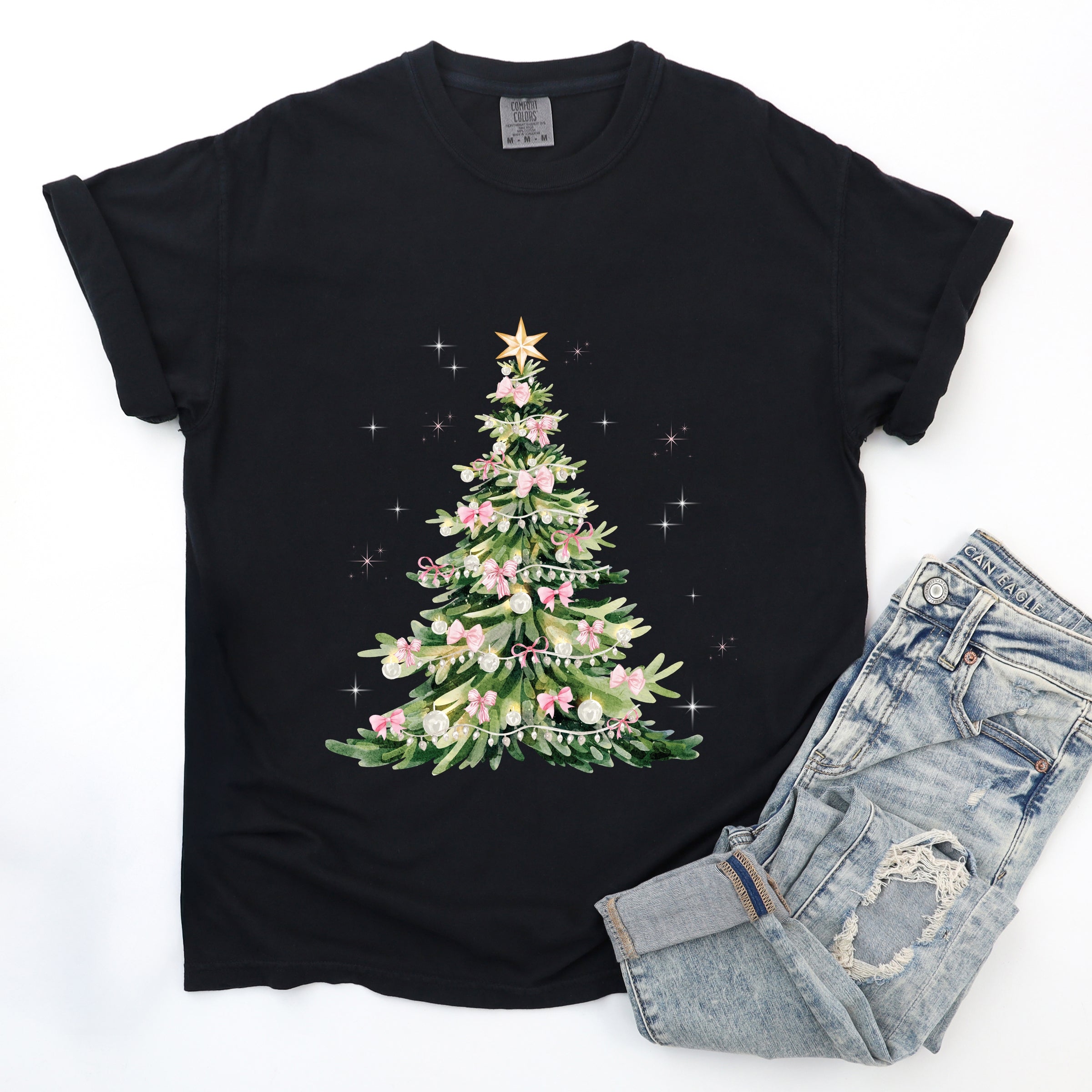 Watercolor Christmas Tree Sparkle - Womens Garment Dyed Tee