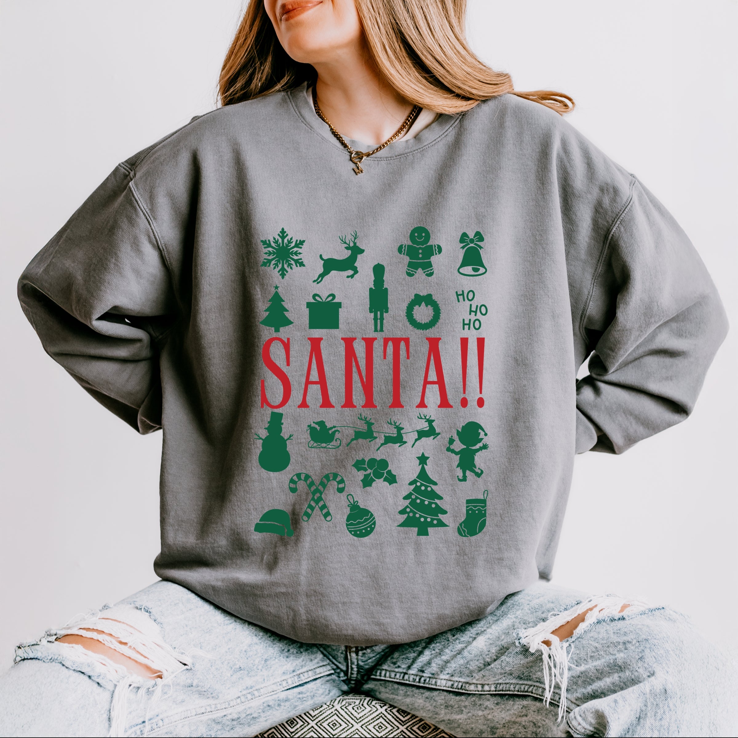 Santa Christmas Icons - Womens Lightweight Garment Dyed Sweatshirt