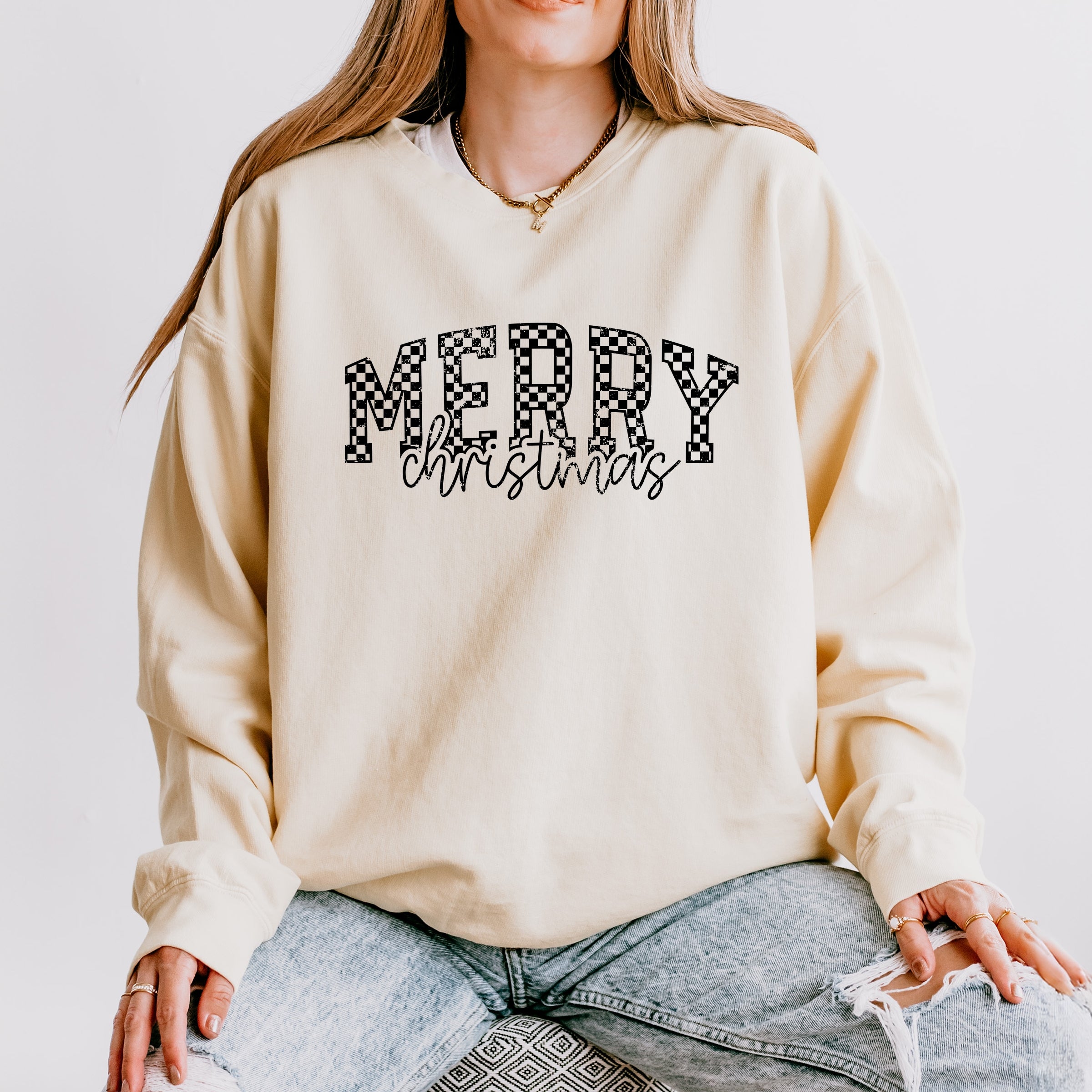 Merry Christmas Varsity Checkered - Lightweight Garment Dyed Sweatshirt