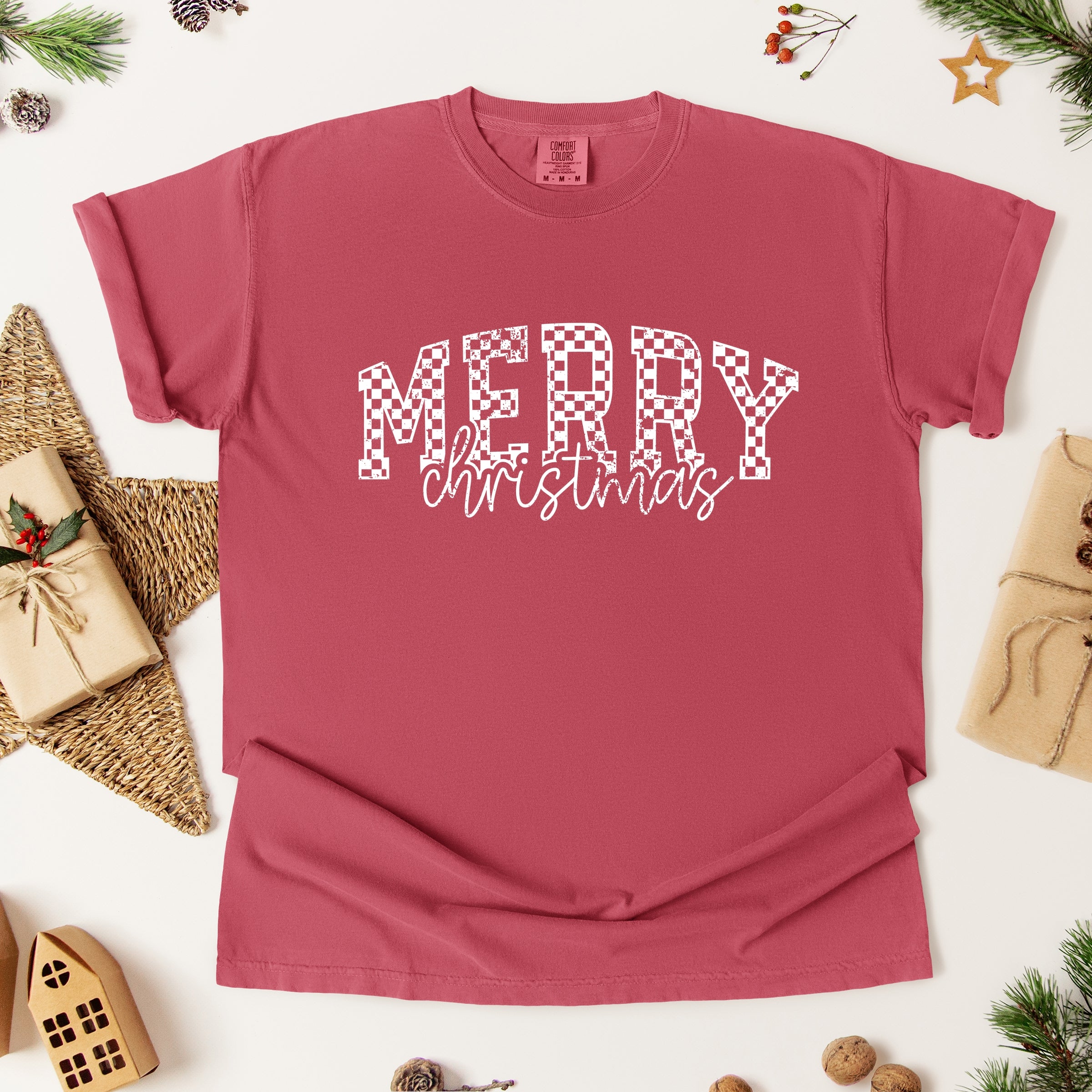 Merry Christmas Varsity Checkered - Garment Dyed Tee