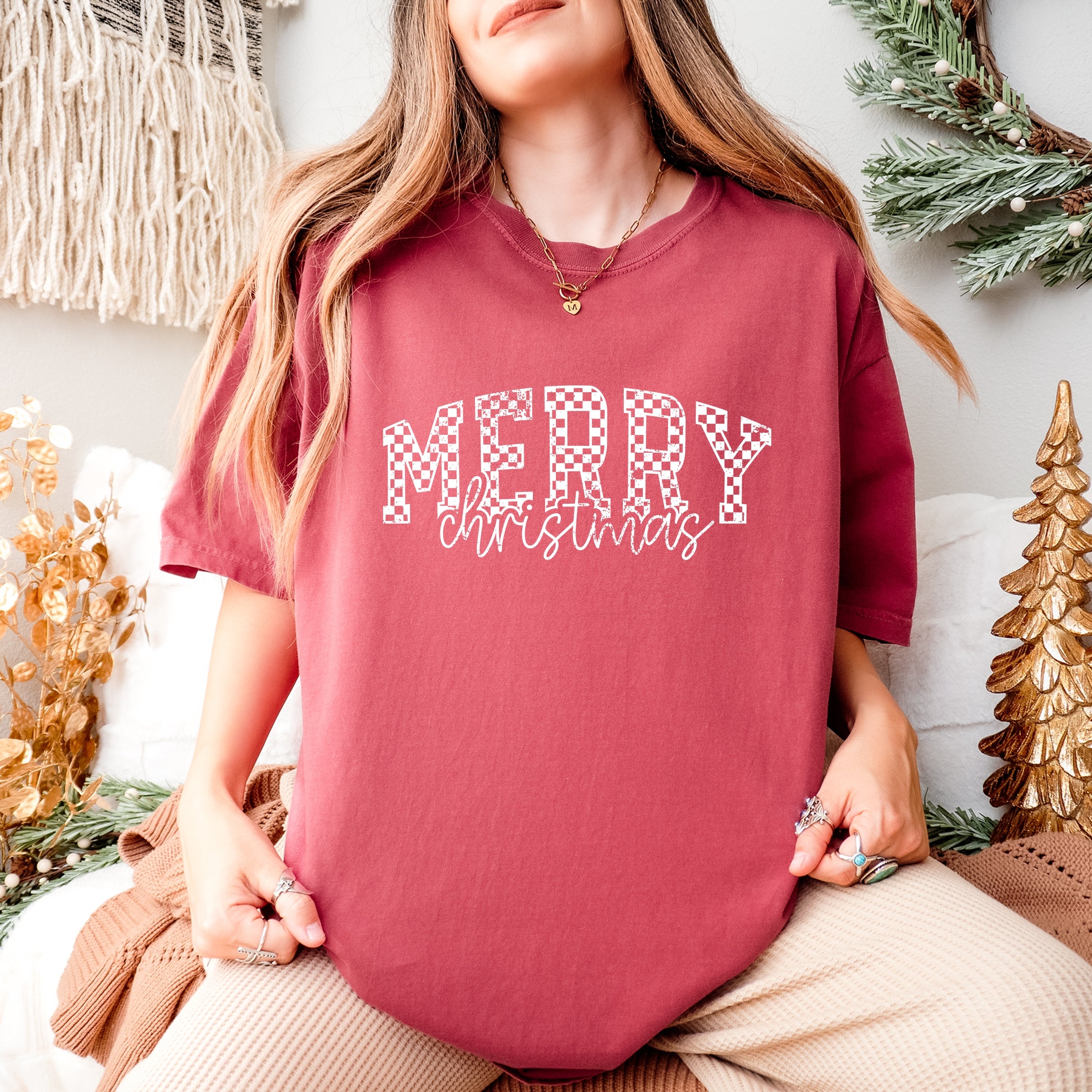 Merry Christmas Varsity Checkered - Garment Dyed Tee