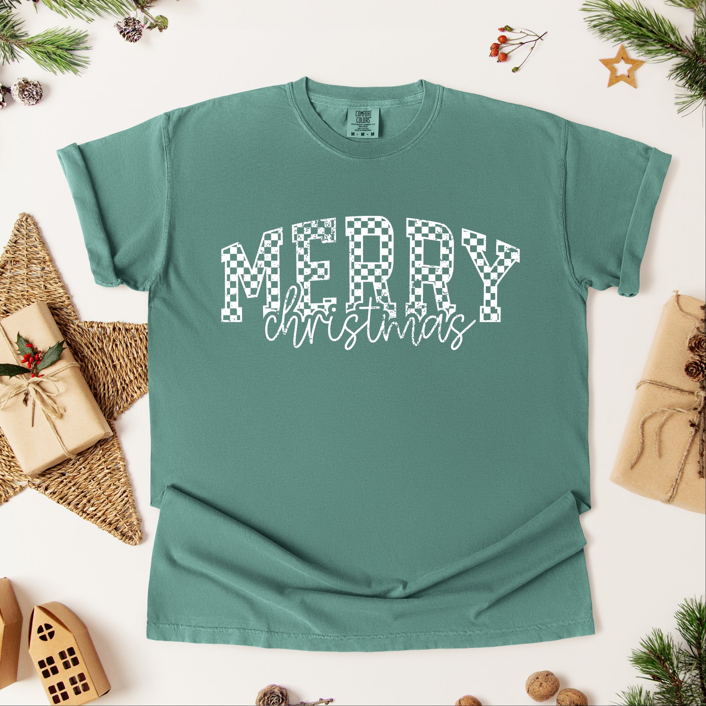 Merry Christmas Varsity Checkered - Garment Dyed Tee