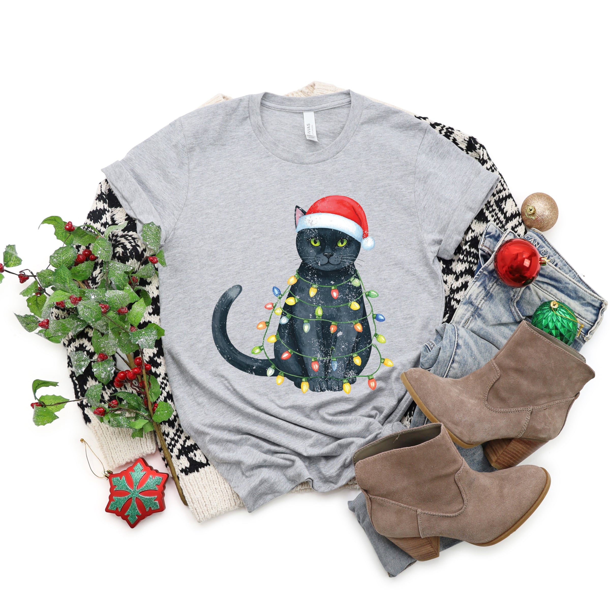 Black Cat Christmas Lights - Short Sleeve Tee