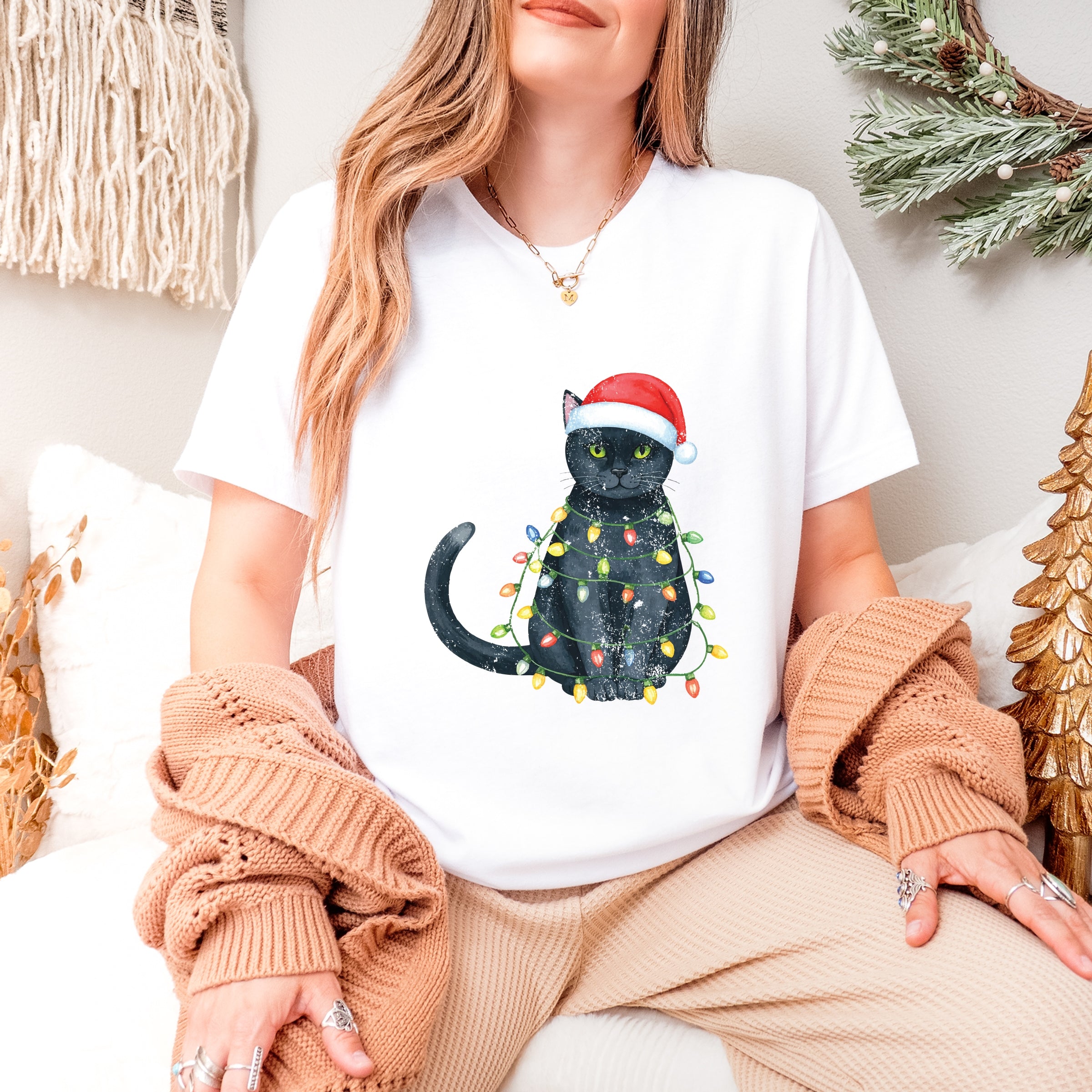 Black Cat Christmas Lights - Short Sleeve Tee