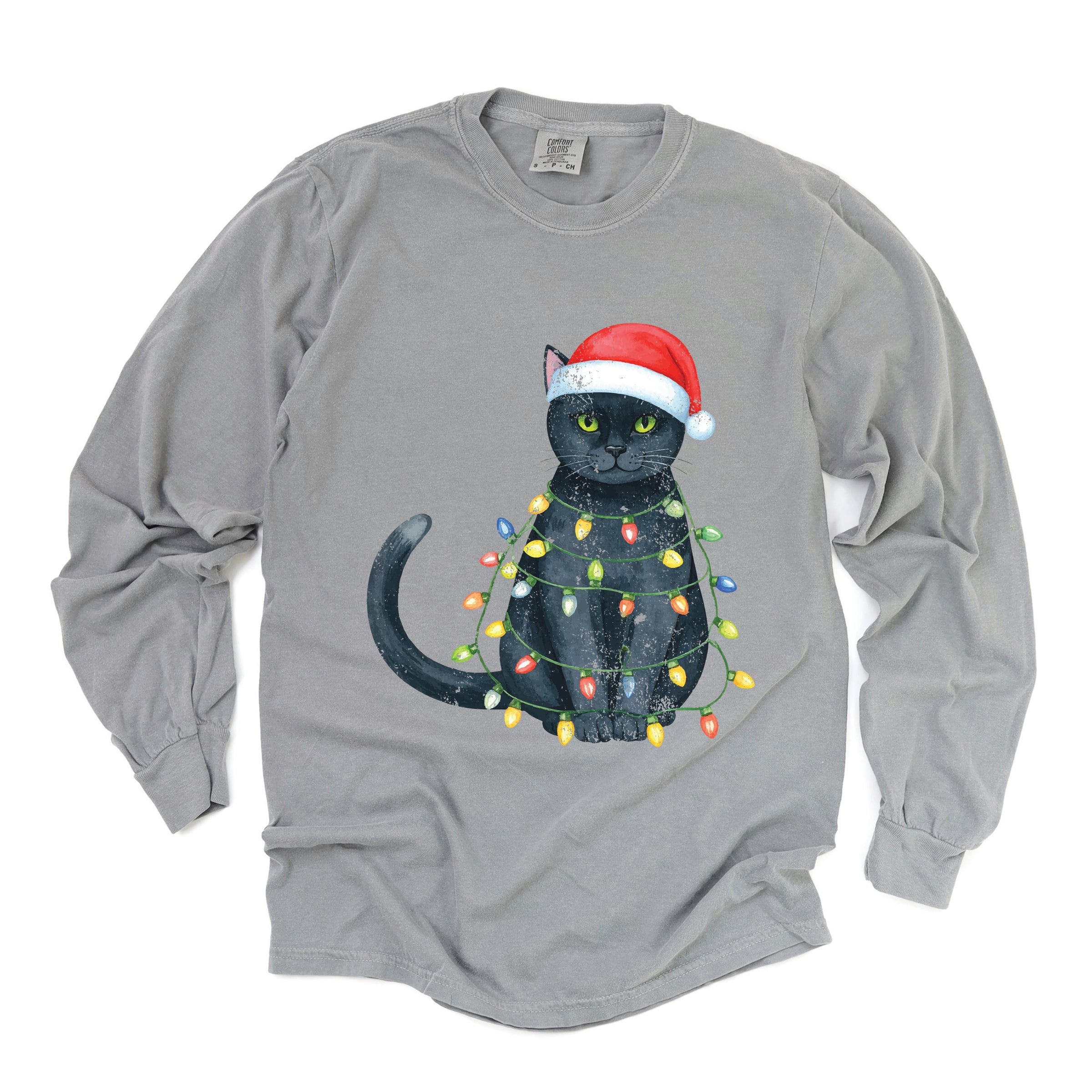 Black Cat Christmas Lights - Garment Dyed Long Sleeve