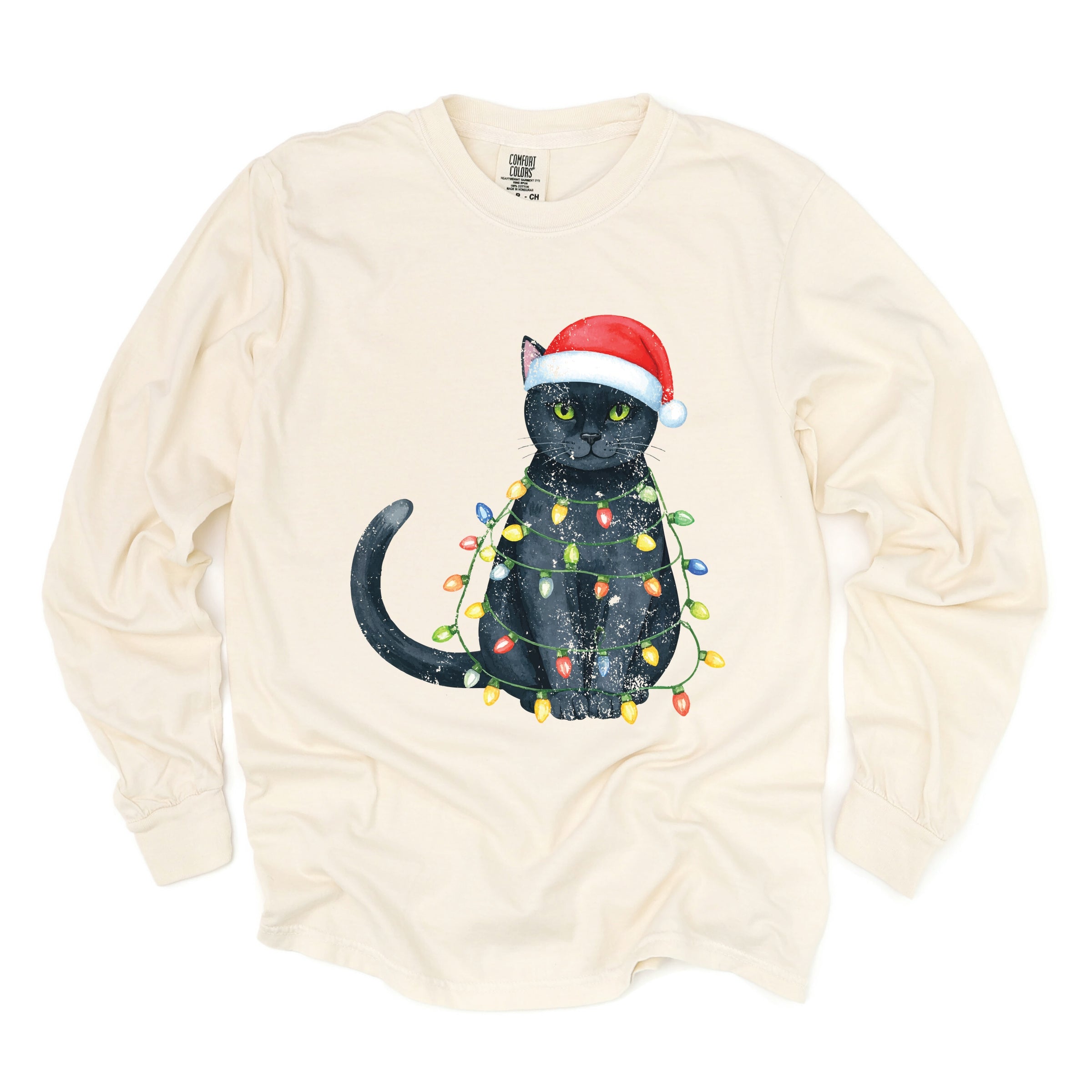 Black Cat Christmas Lights - Garment Dyed Long Sleeve
