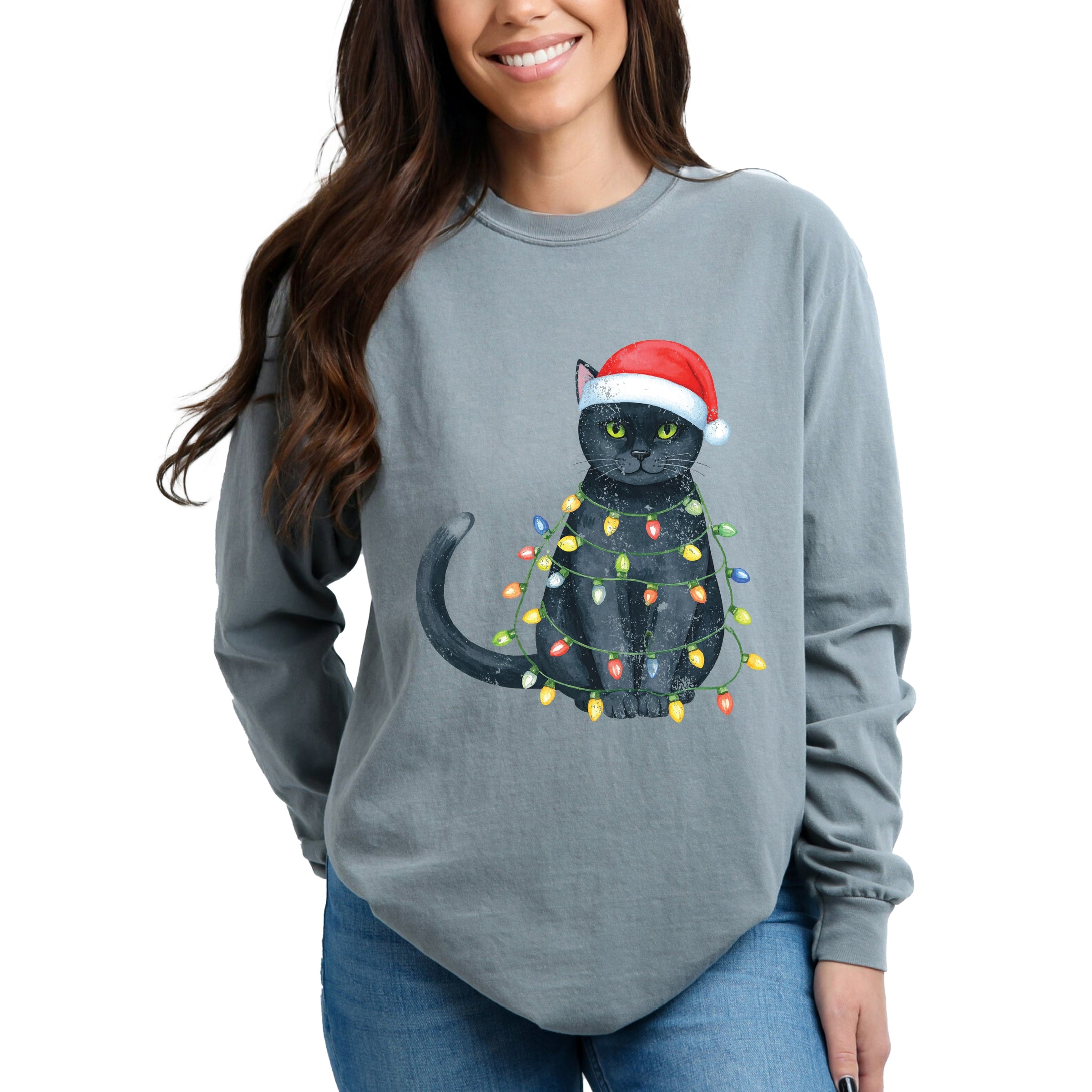 Black Cat Christmas Lights - Garment Dyed Long Sleeve
