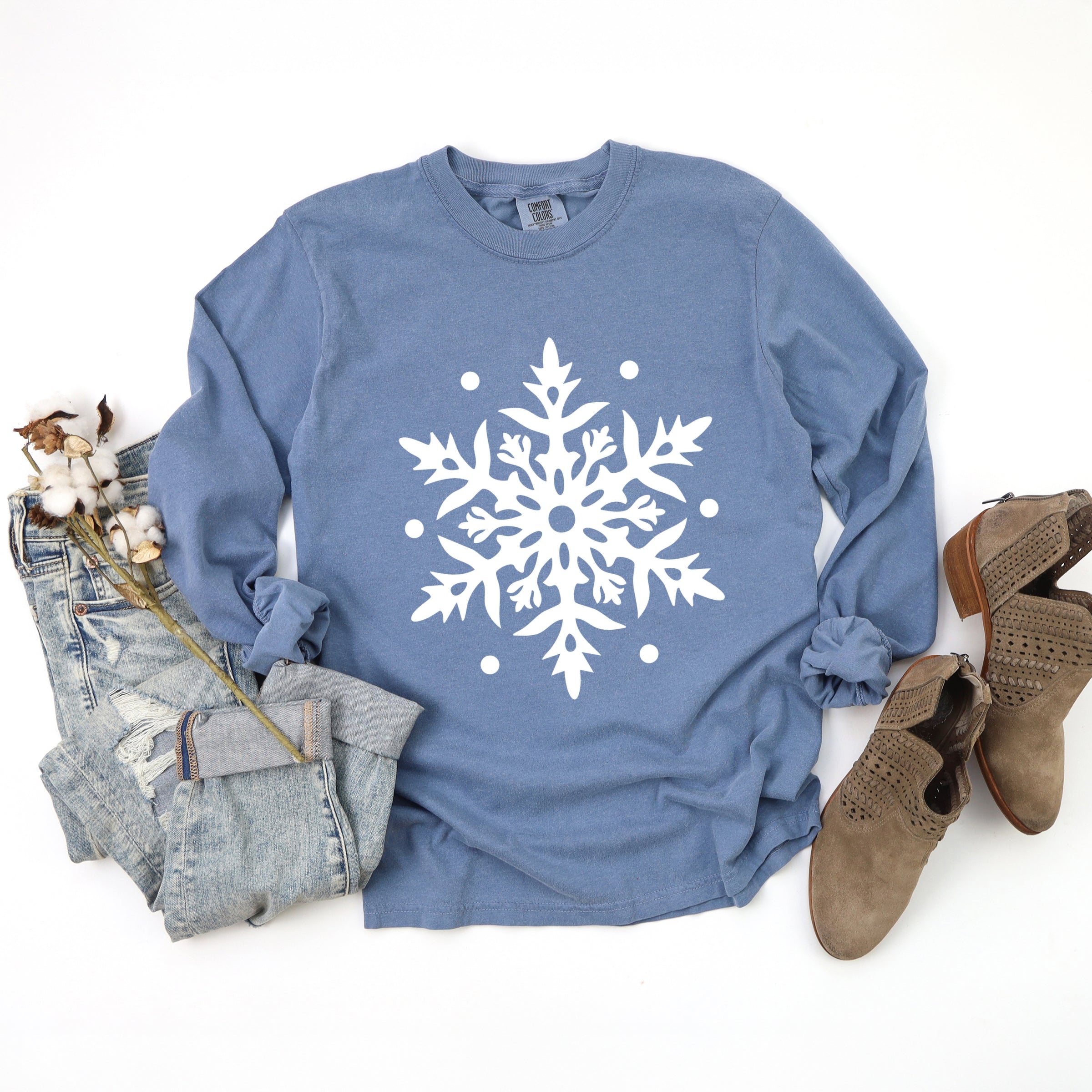 White Snowflake - Garment Dyed Long Sleeve