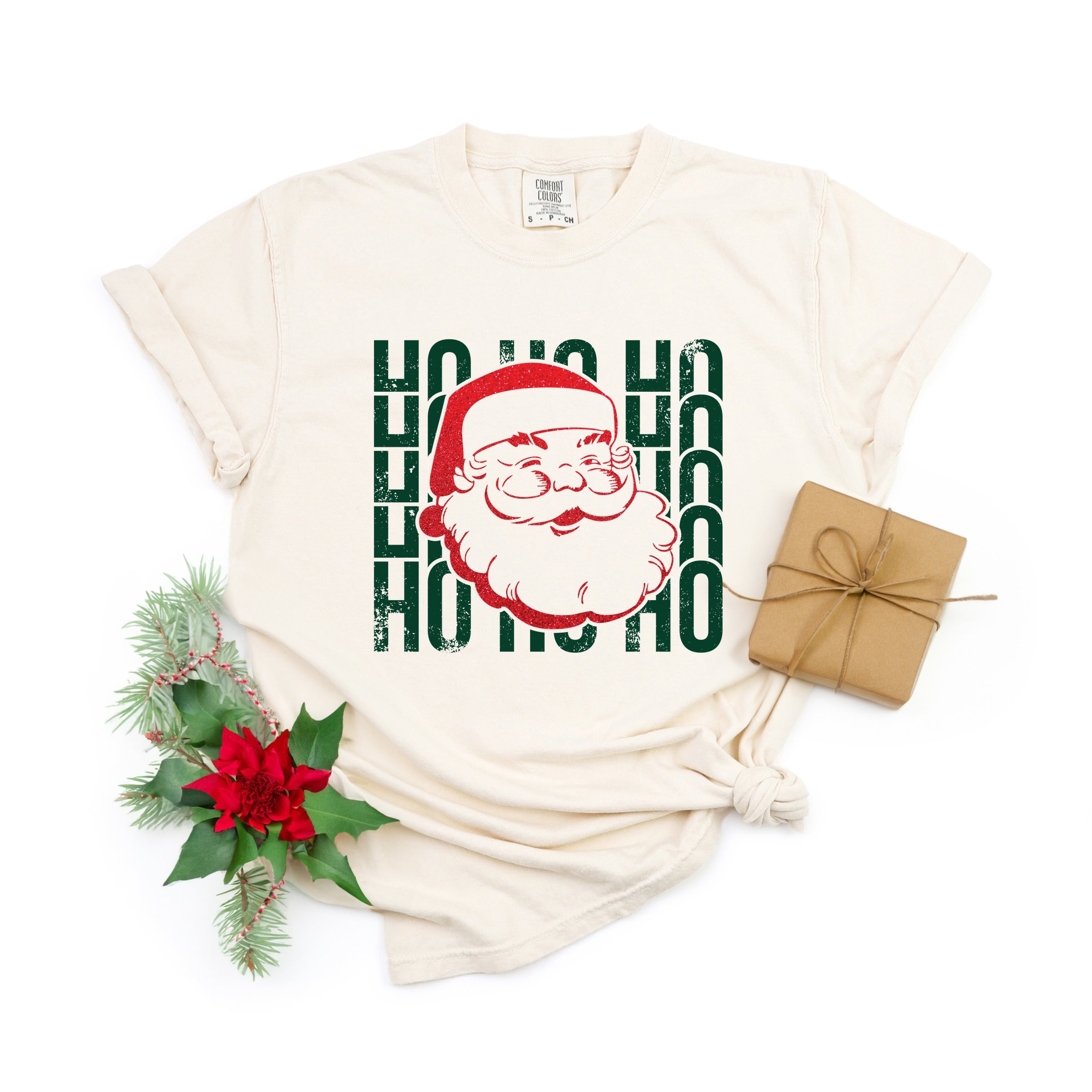Ho Ho Ho Glitter Santa - Womens Garment Dyed Tee