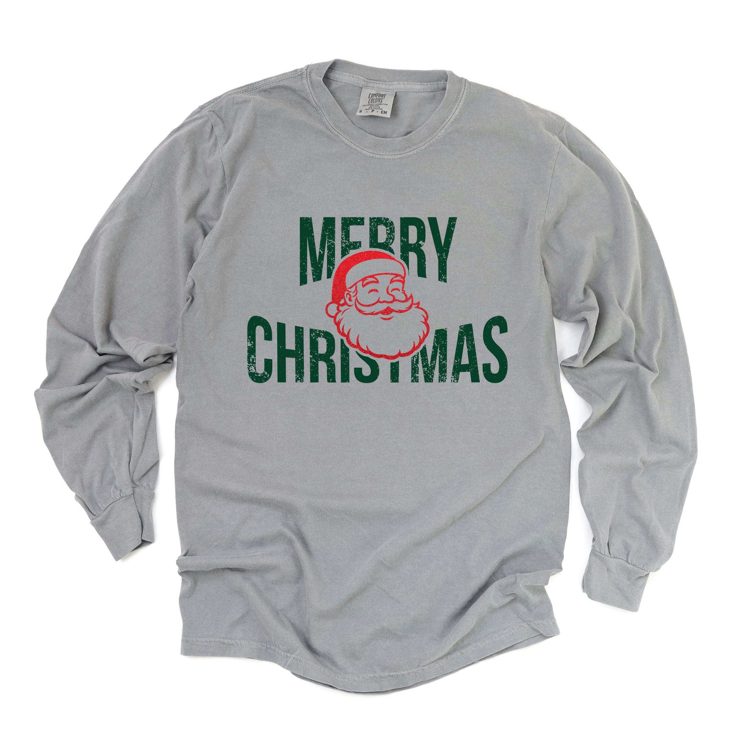 Merry Christmas Arched Glitter Santa - Womens Garment Dyed Long Sleeve