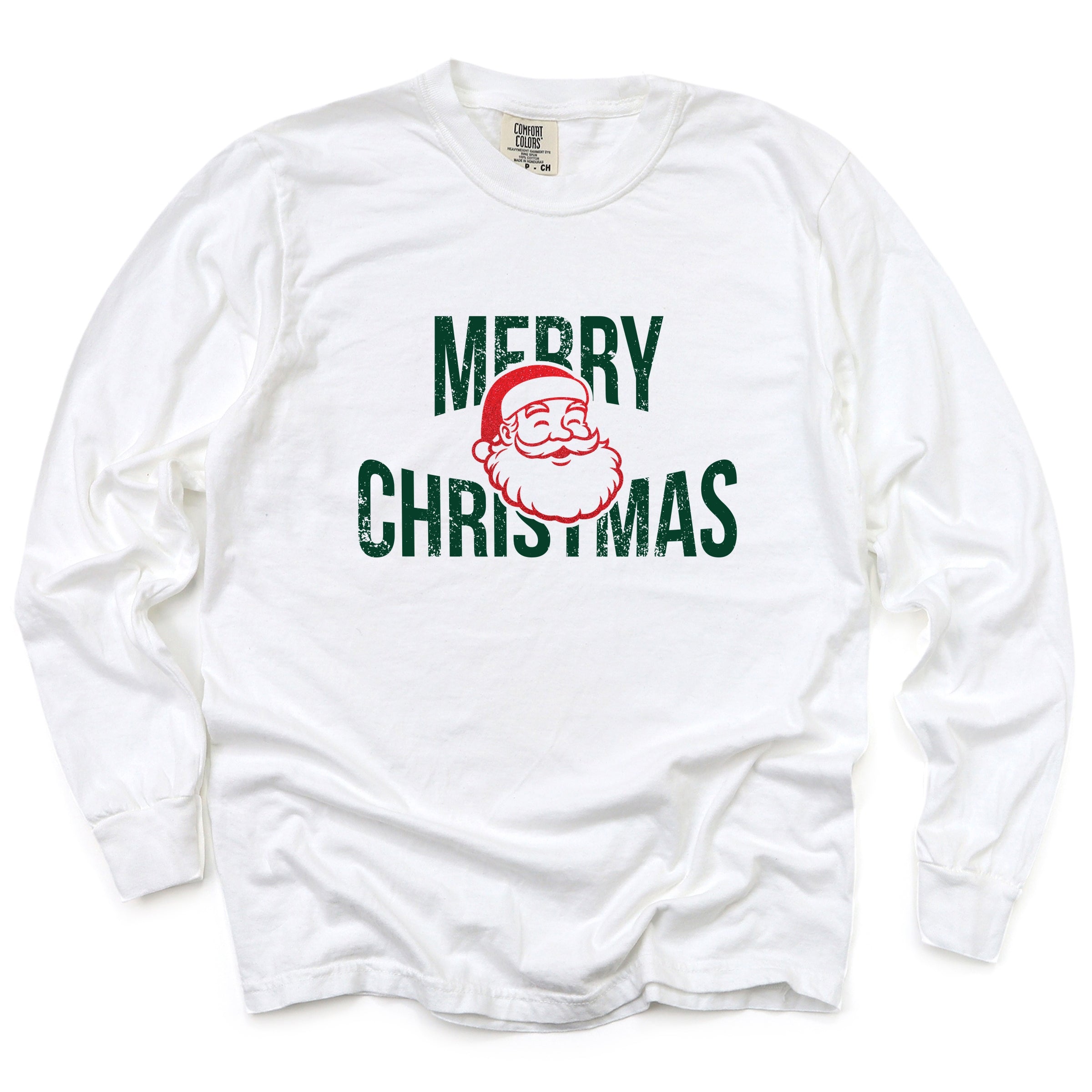 Merry Christmas Arched Glitter Santa - Womens Garment Dyed Long Sleeve