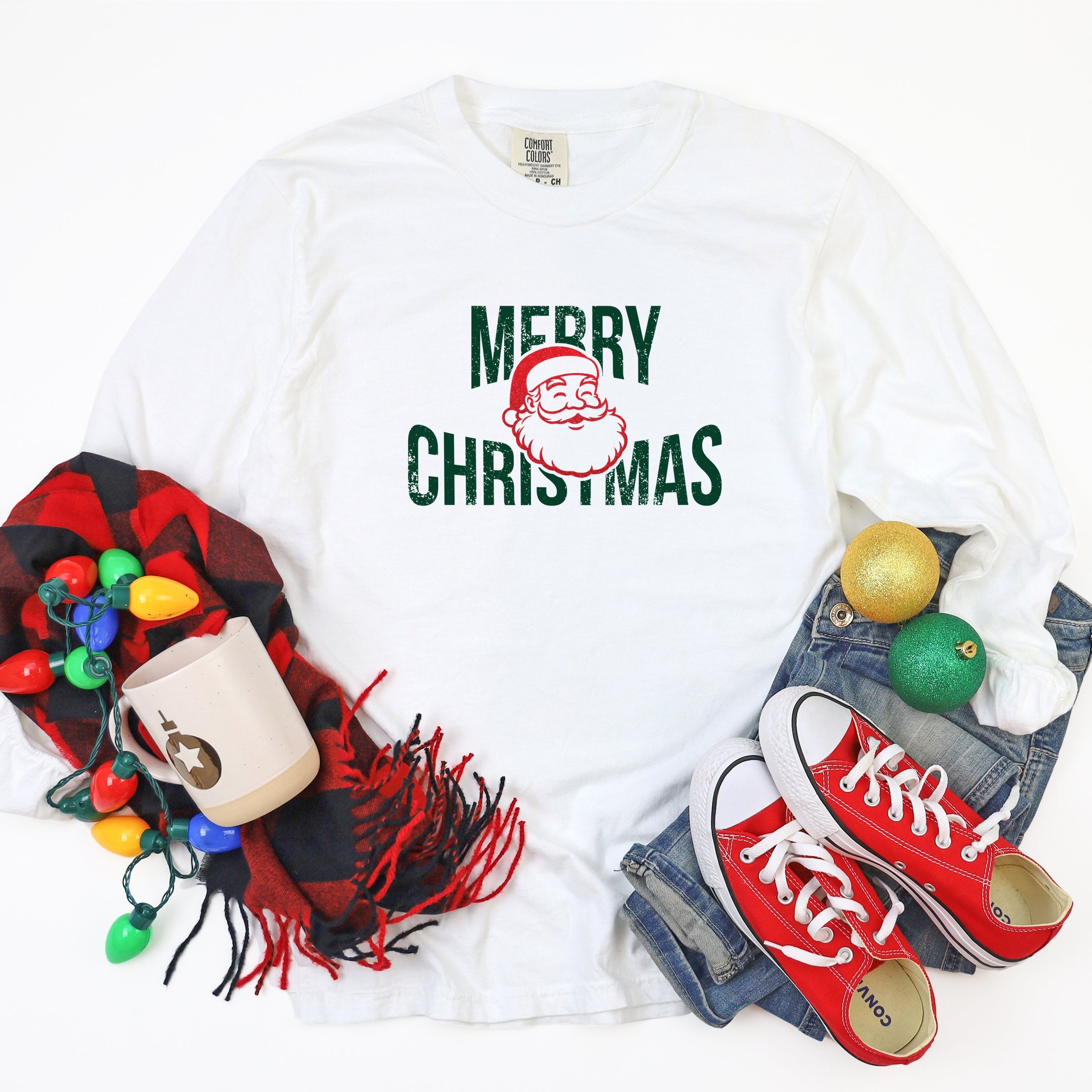 Merry Christmas Arched Glitter Santa - Womens Garment Dyed Long Sleeve
