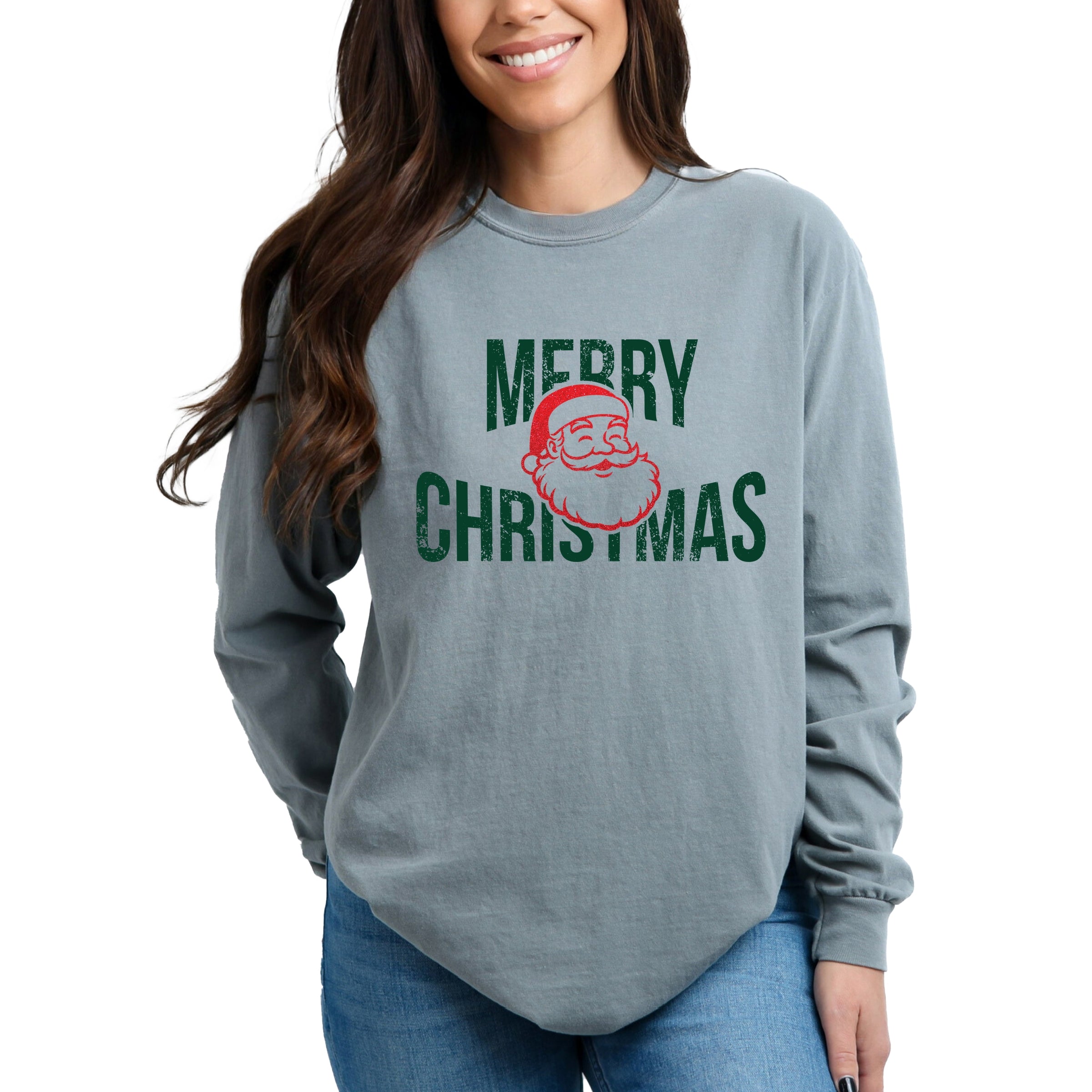 Merry Christmas Arched Glitter Santa - Womens Garment Dyed Long Sleeve