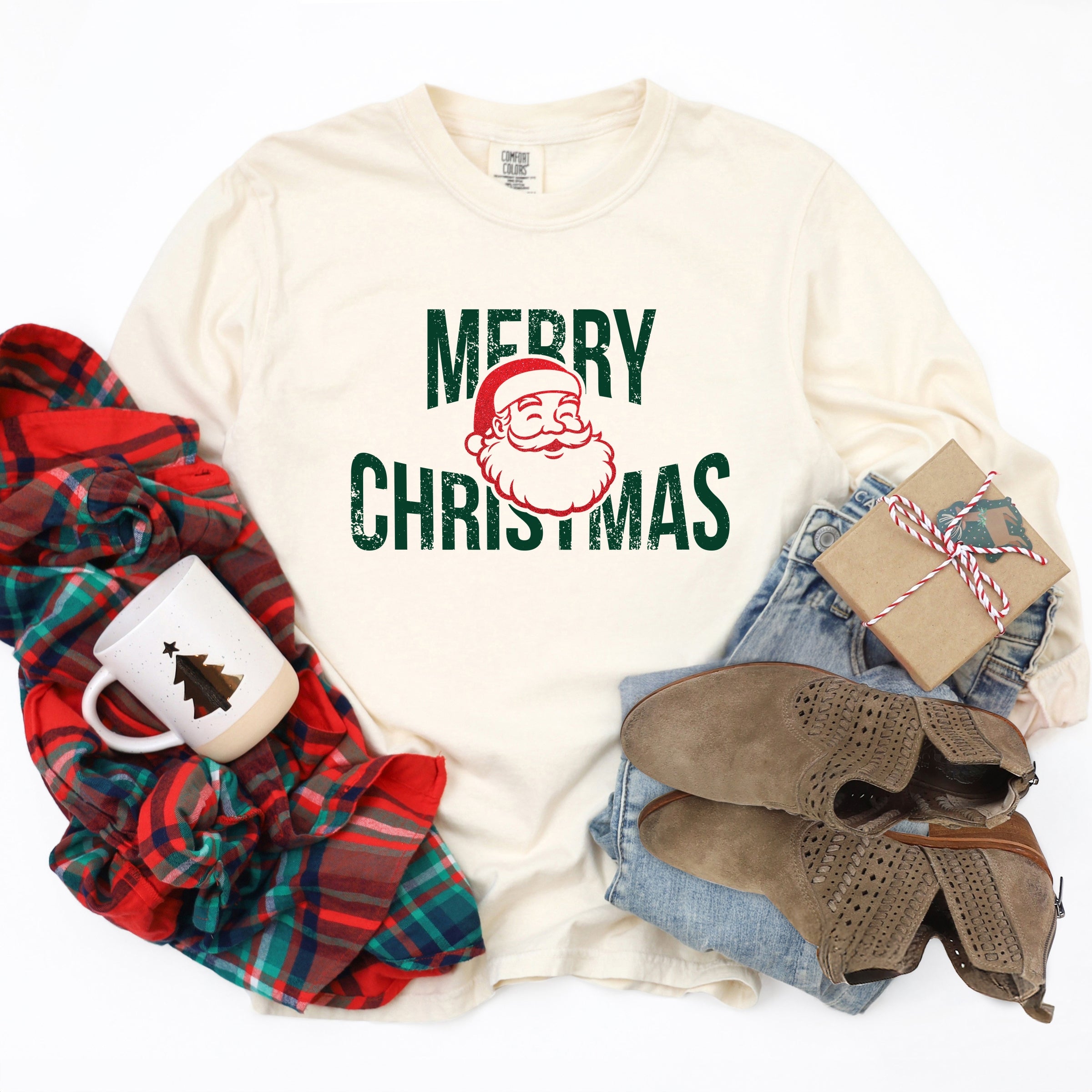 Merry Christmas Arched Glitter Santa - Womens Garment Dyed Long Sleeve