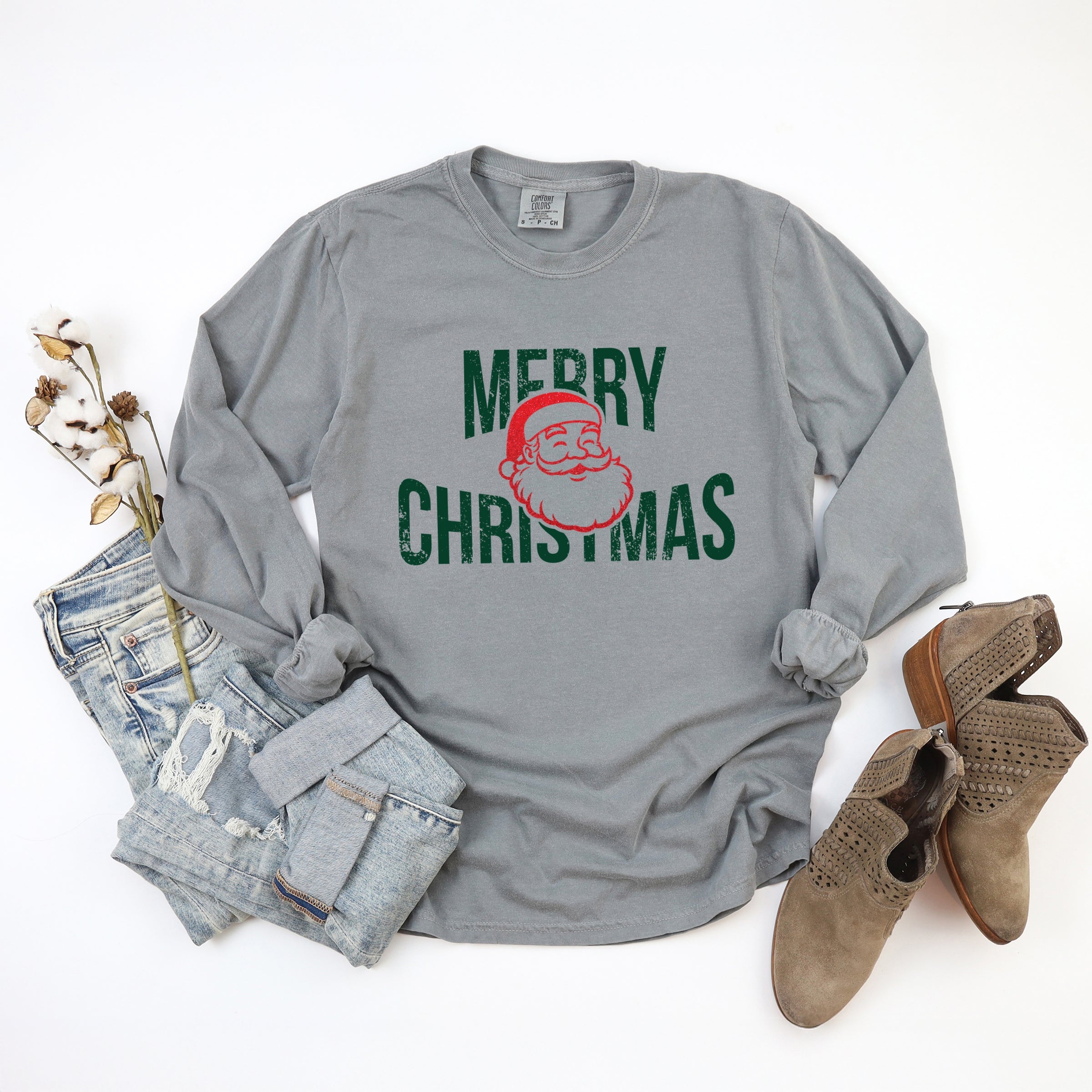 Merry Christmas Arched Glitter Santa - Womens Garment Dyed Long Sleeve