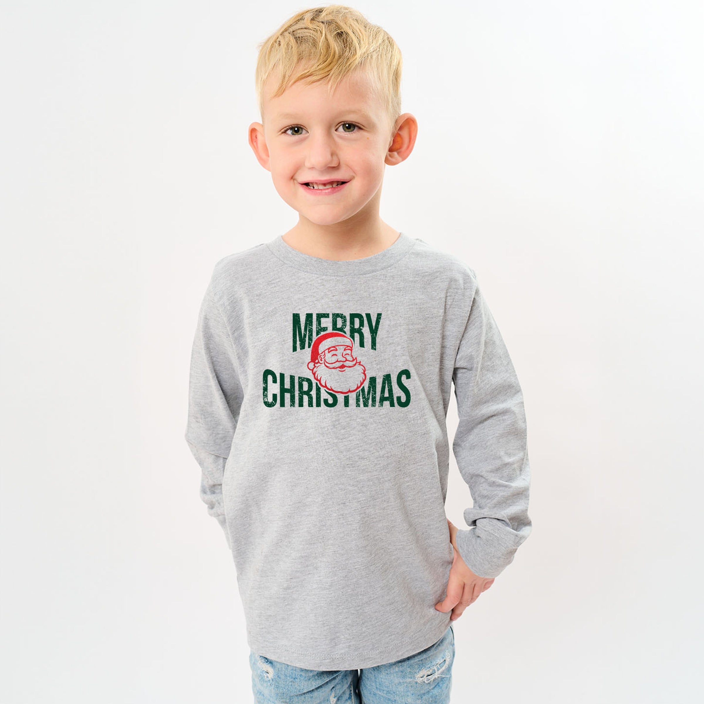 Merry Christmas Arched Glitter Santa - Youth Long Sleeve Graphic T-Shirt