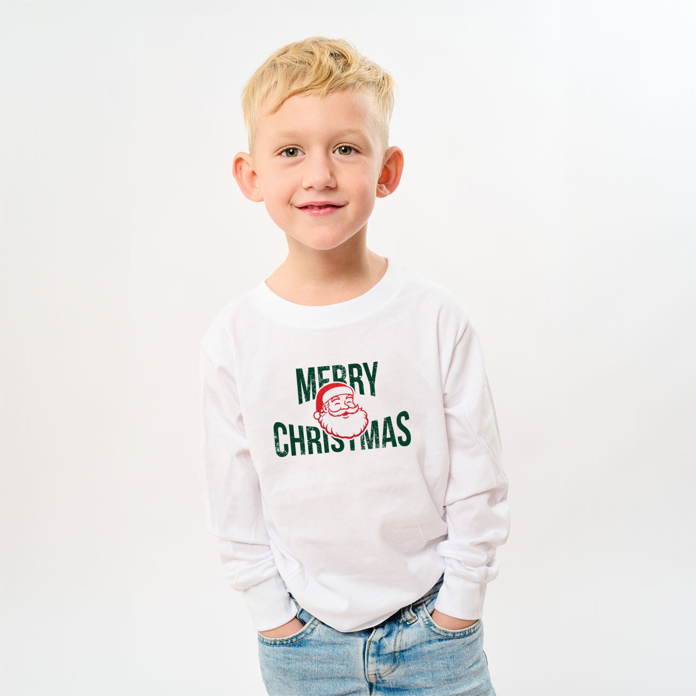 Merry Christmas Arched Glitter Santa - Youth Long Sleeve Graphic T-Shirt