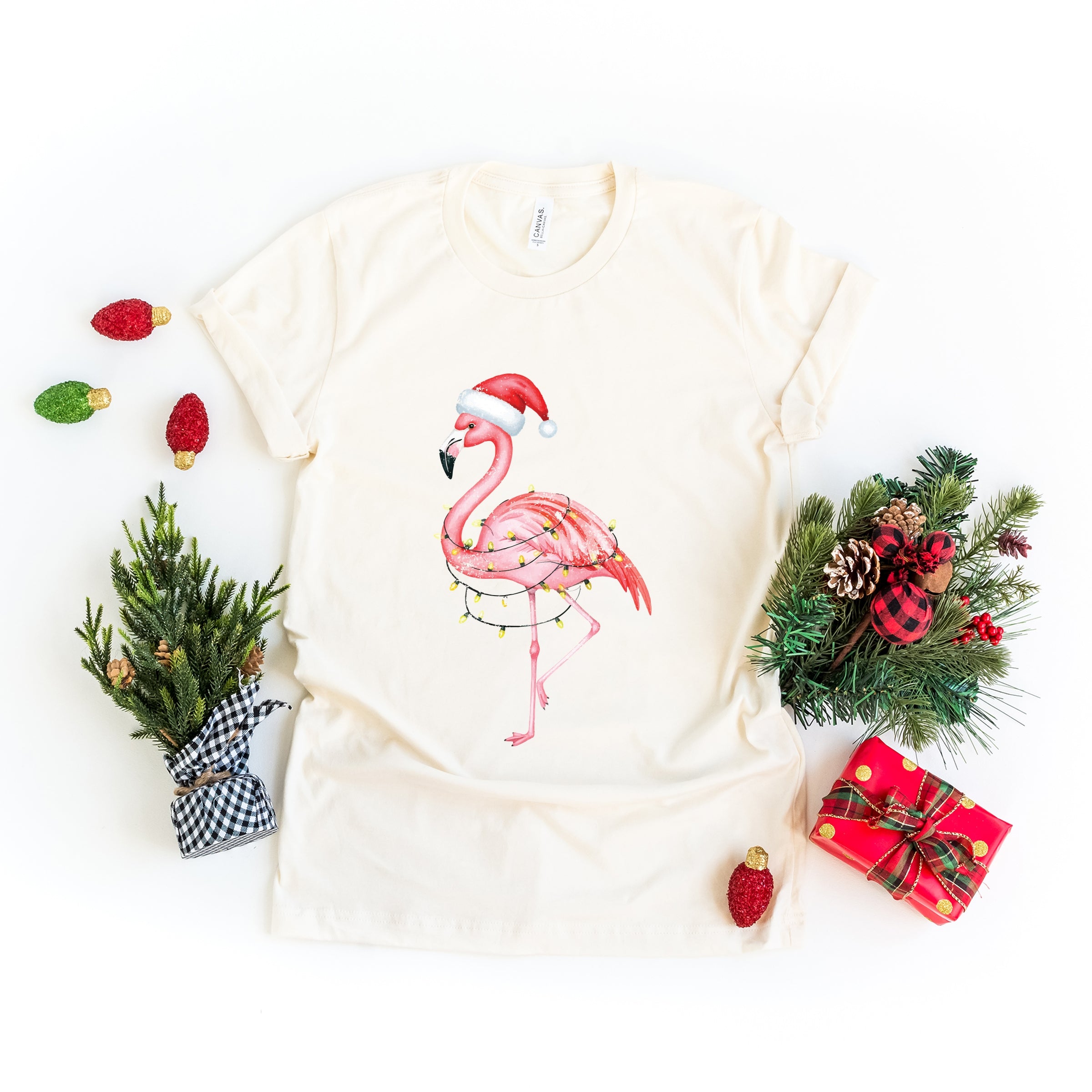 Flamingo Christmas Lights Watercolor - Short Sleeve Tee