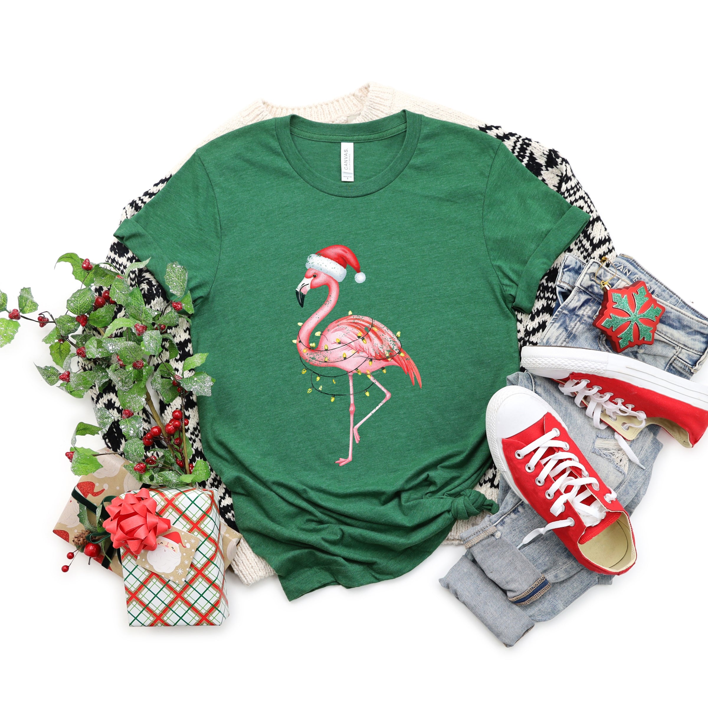 Flamingo Christmas Lights Watercolor - Short Sleeve Tee