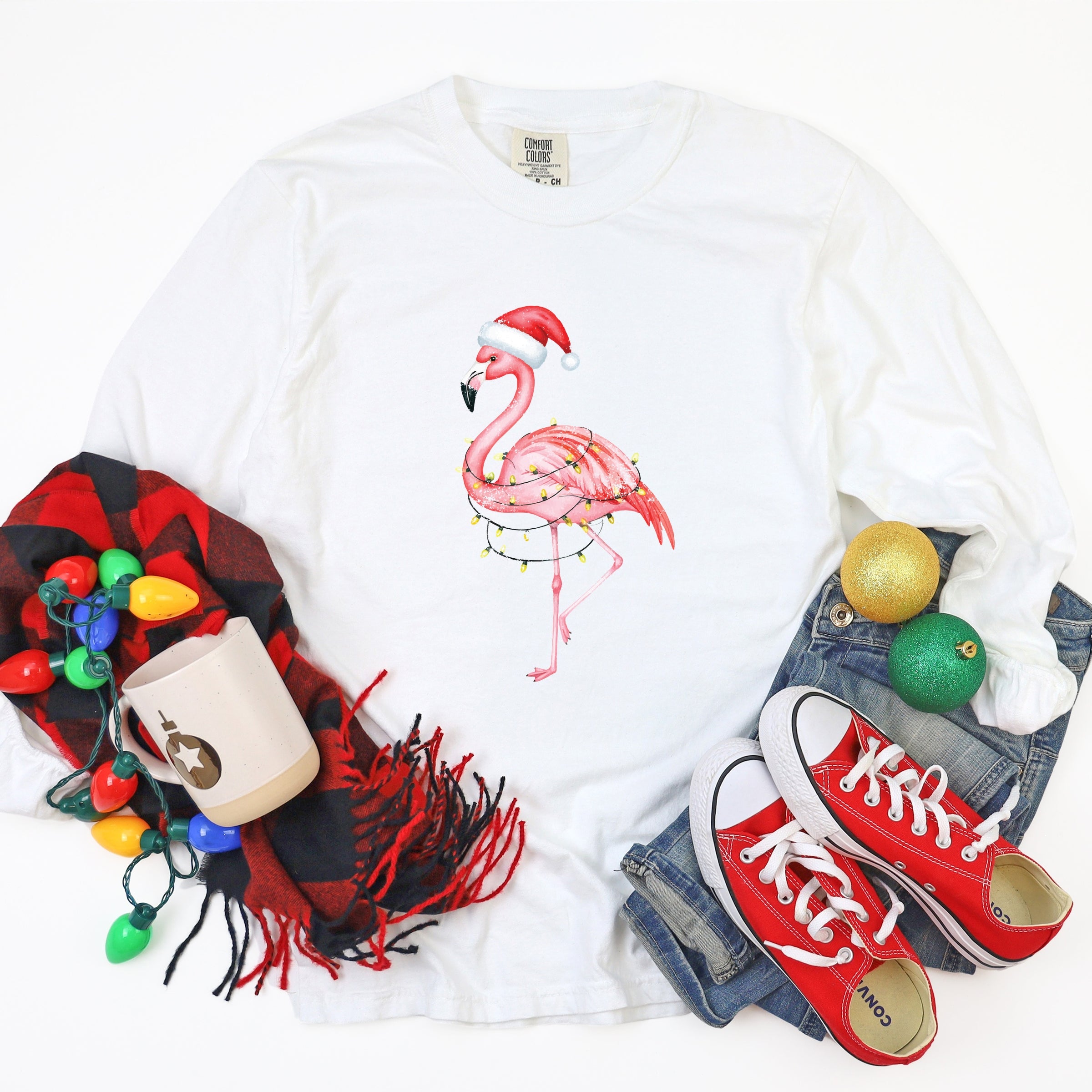 Flamingo Christmas Lights Watercolor - Garment Dyed Long Sleeve