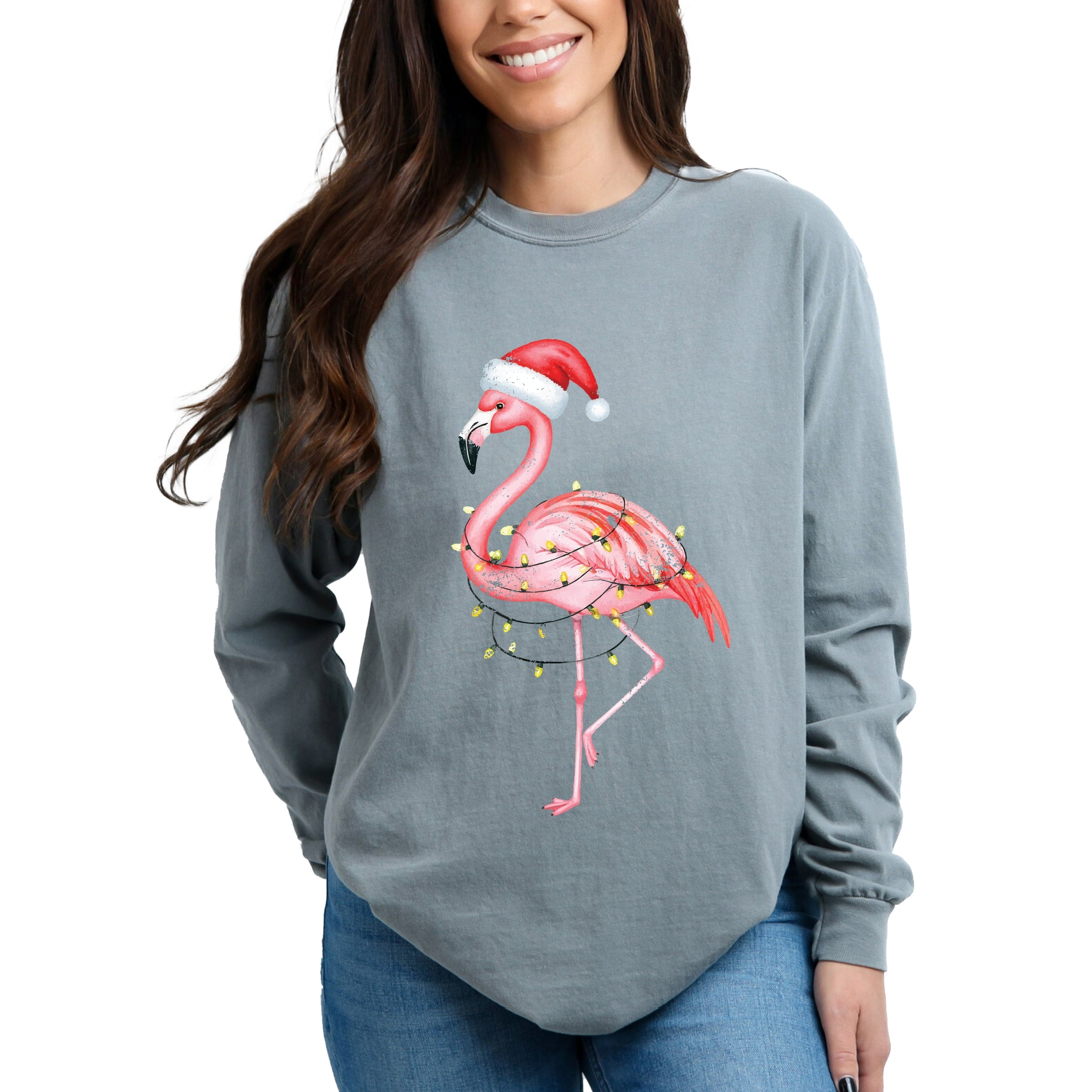 Flamingo Christmas Lights Watercolor - Garment Dyed Long Sleeve