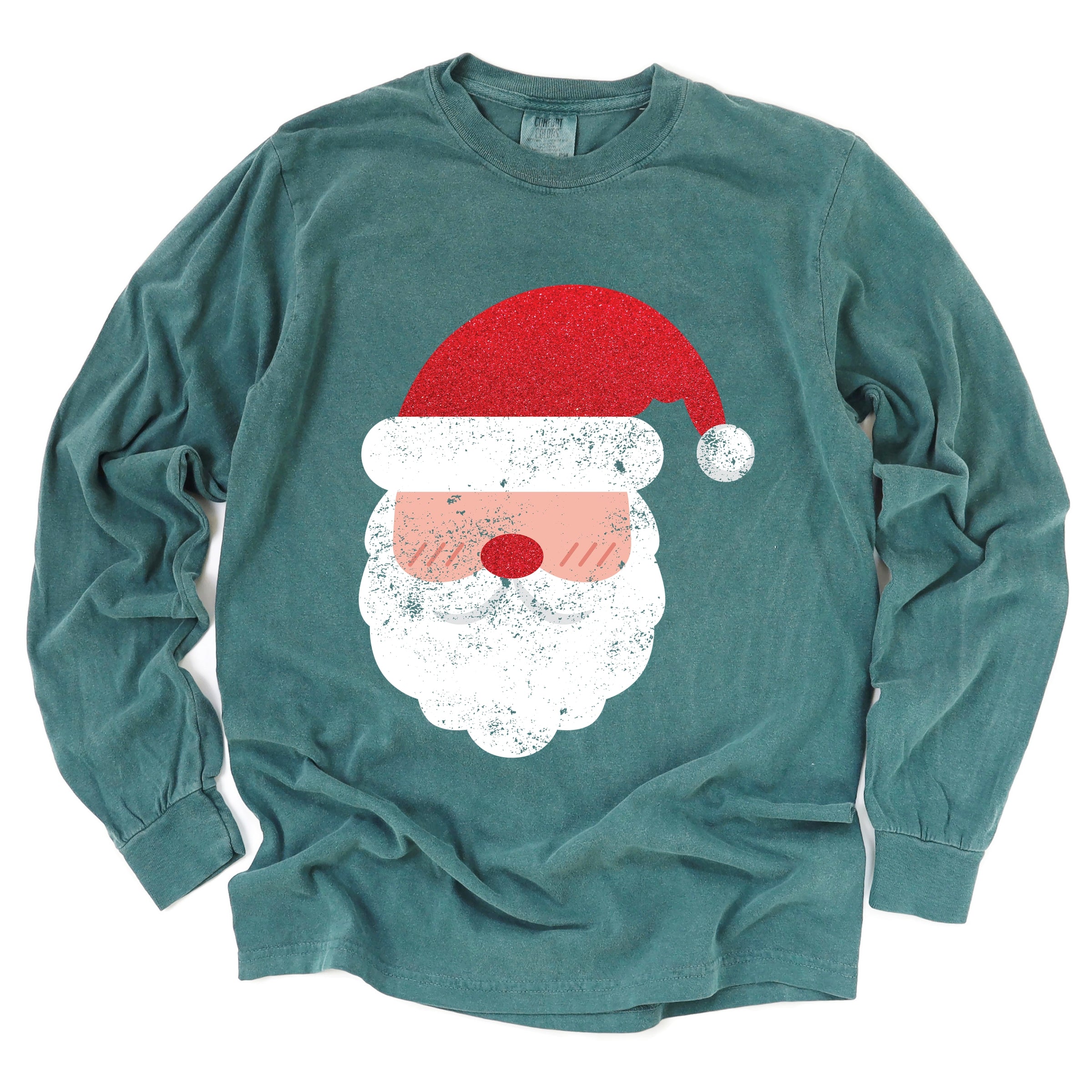 Santa Face Glitter - Womens Garment Dyed Long Sleeve