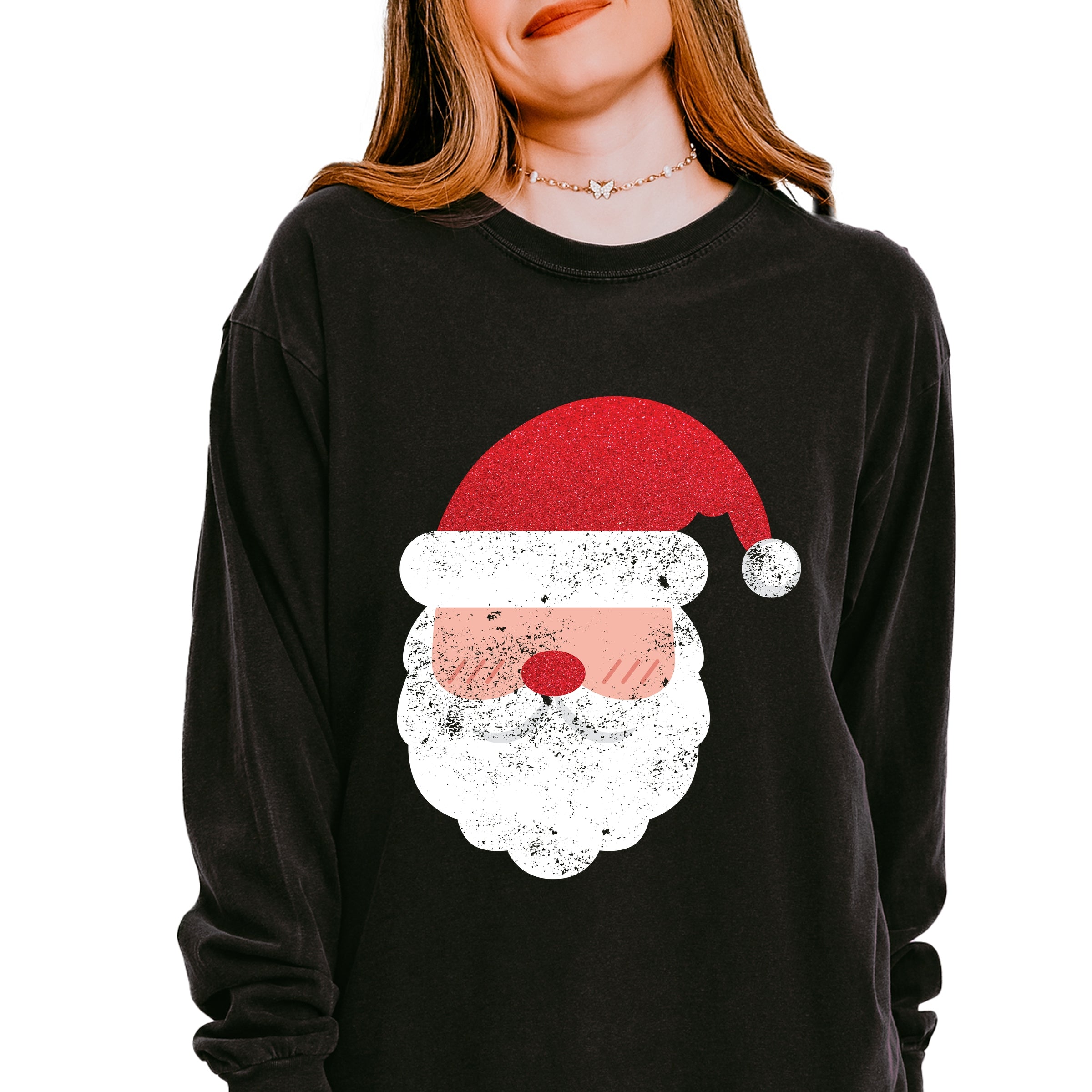 Santa Face Glitter - Womens Garment Dyed Long Sleeve