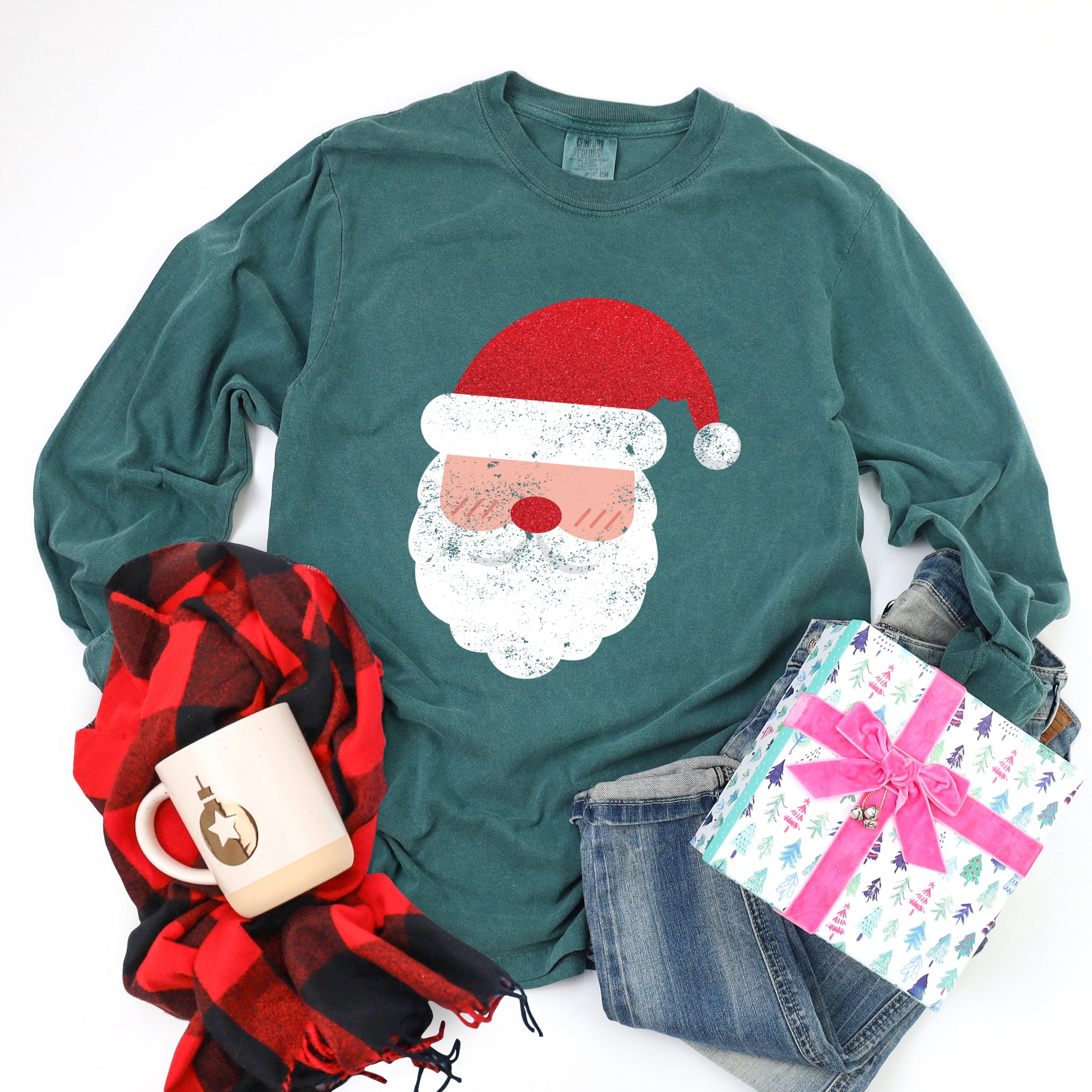 Santa Face Glitter - Womens Garment Dyed Long Sleeve