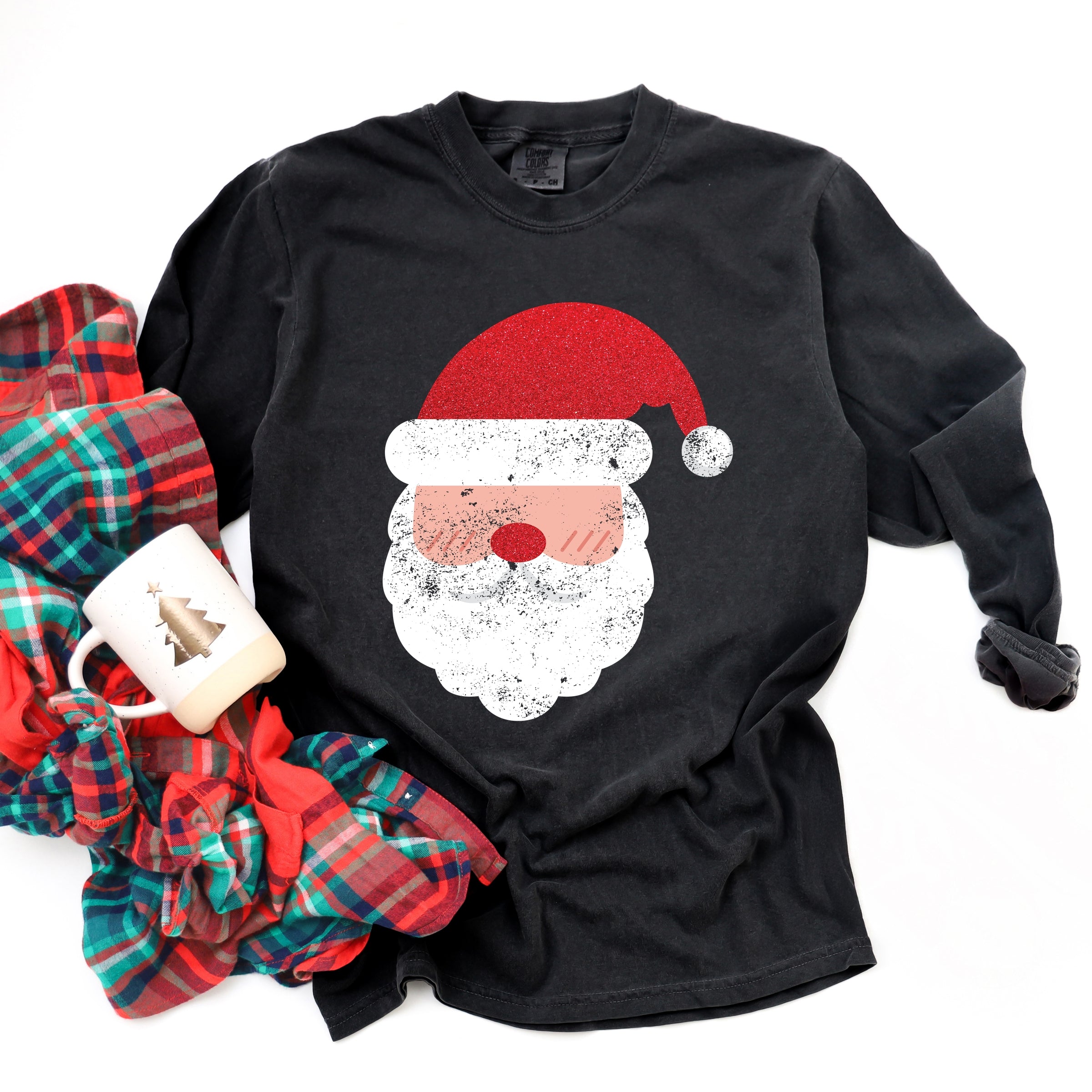 Santa Face Glitter - Womens Garment Dyed Long Sleeve