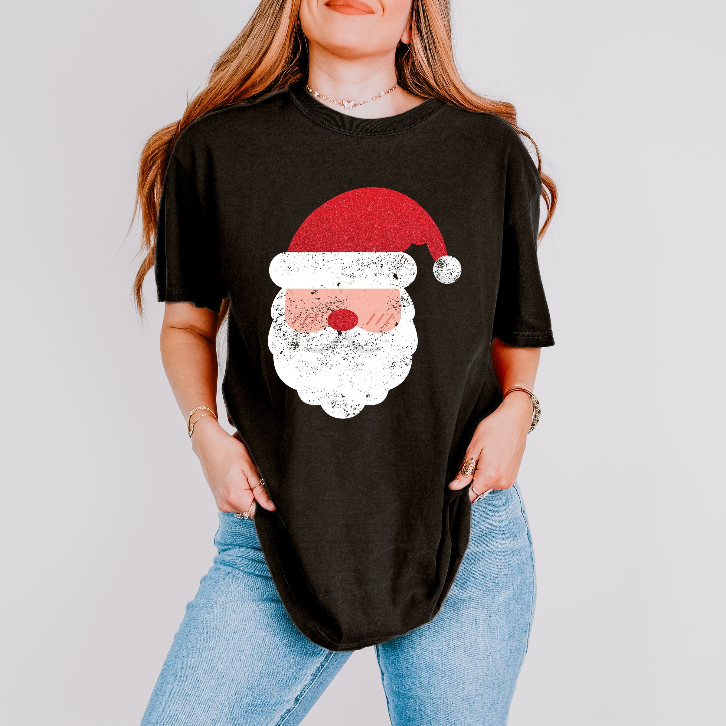 Santa Face Glitter - Womens Garment Dyed Tee