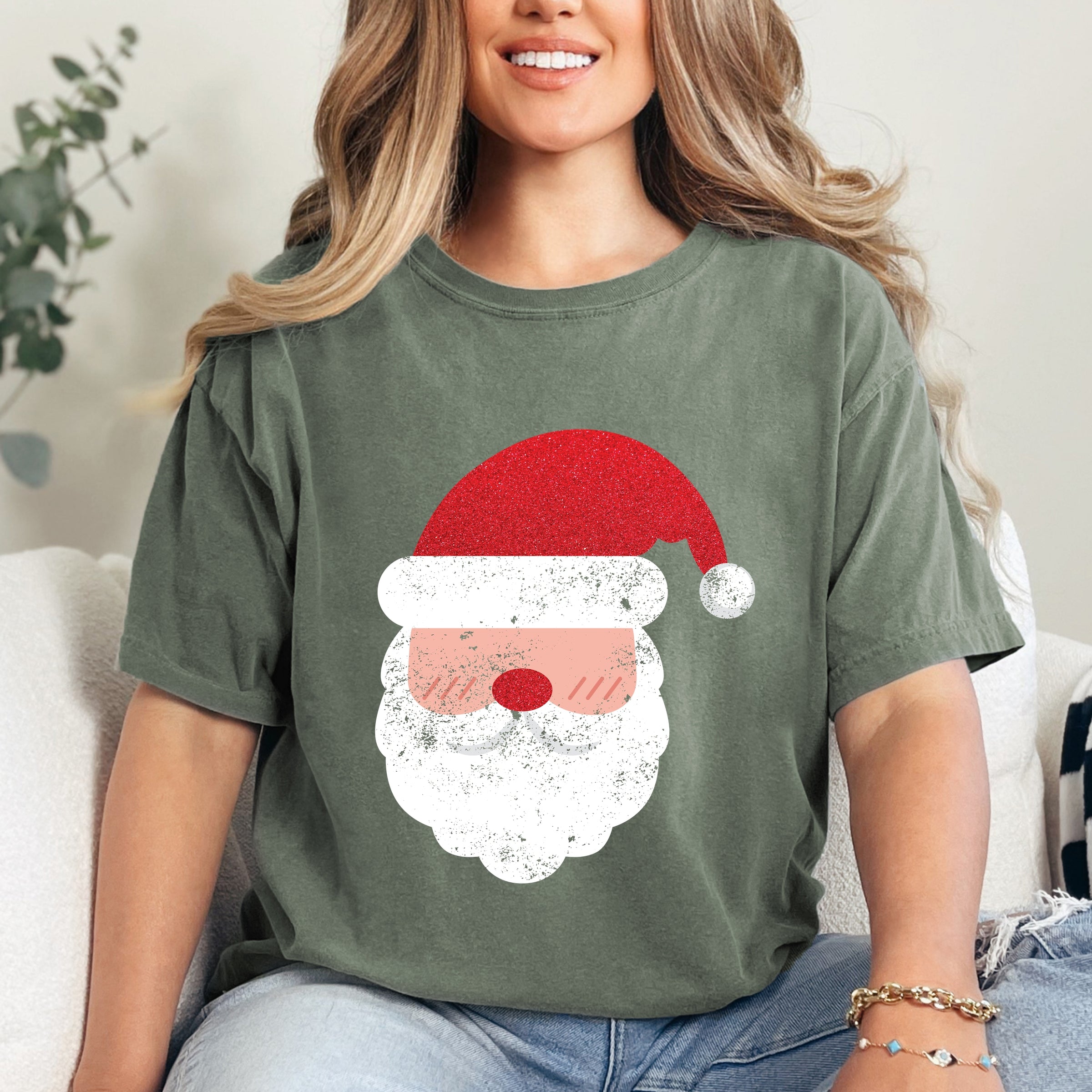 Santa Face Glitter - Womens Garment Dyed Tee