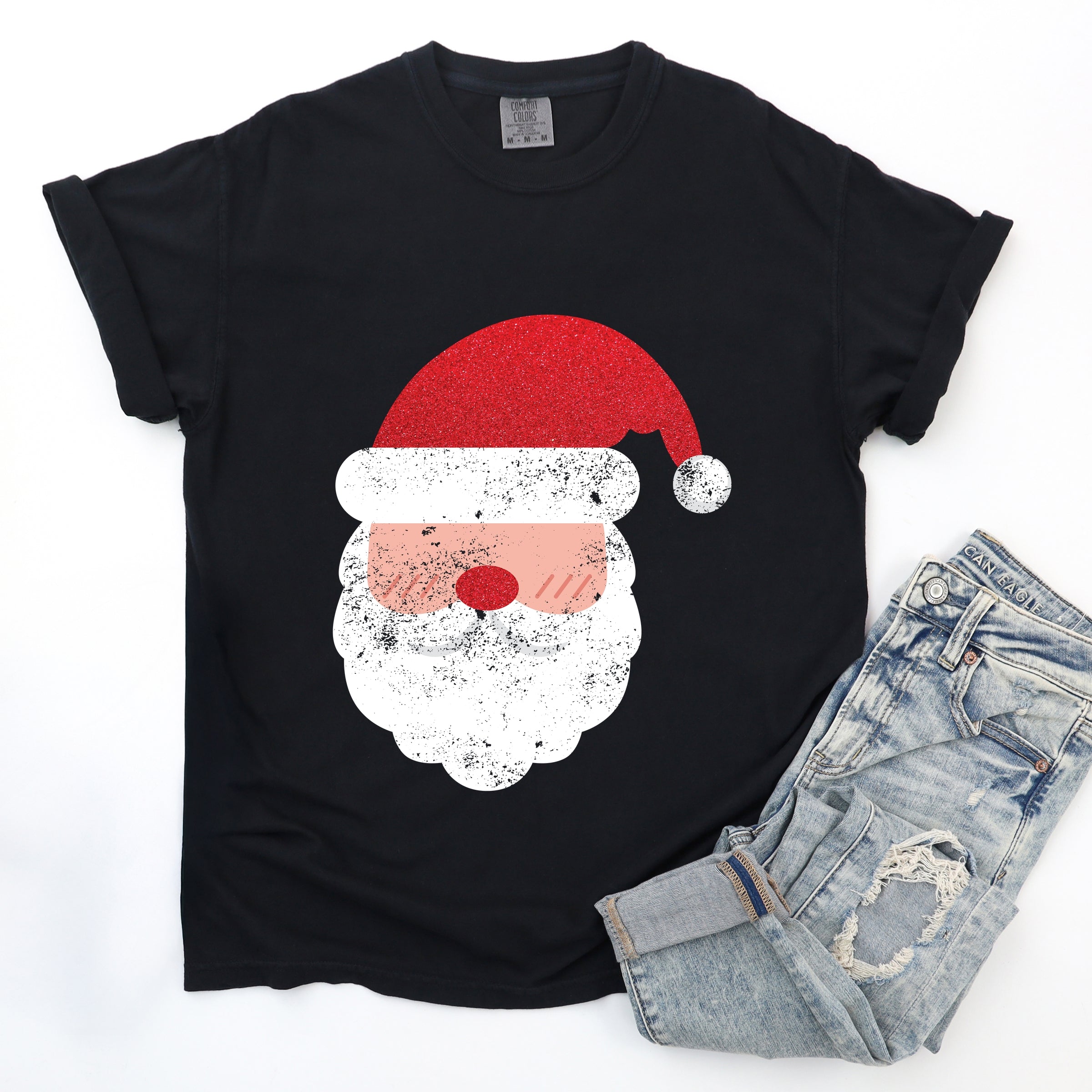Santa Face Glitter - Womens Garment Dyed Tee