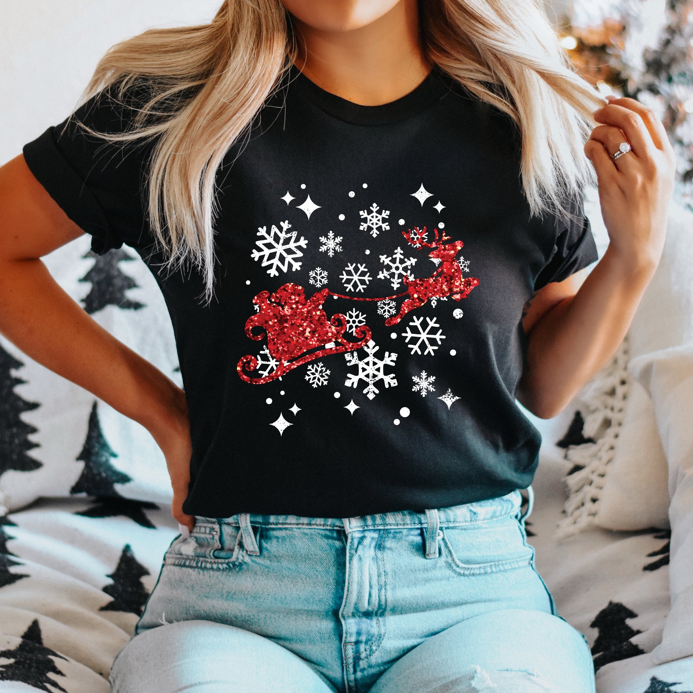 Santa Sleigh Glitter - Womens Short Sleeve Tee