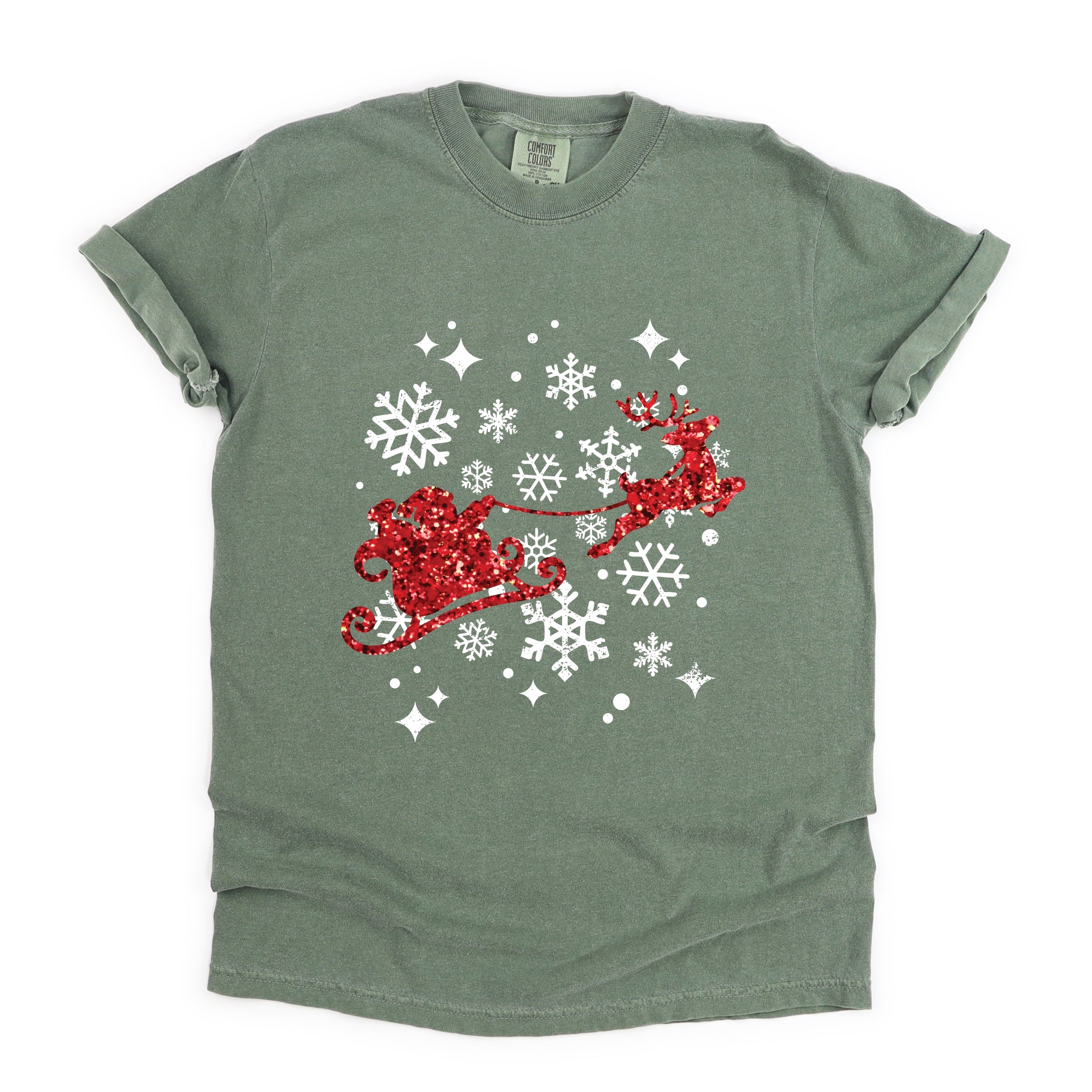 Santa Sleigh Glitter - Womens Garment Dyed Tee