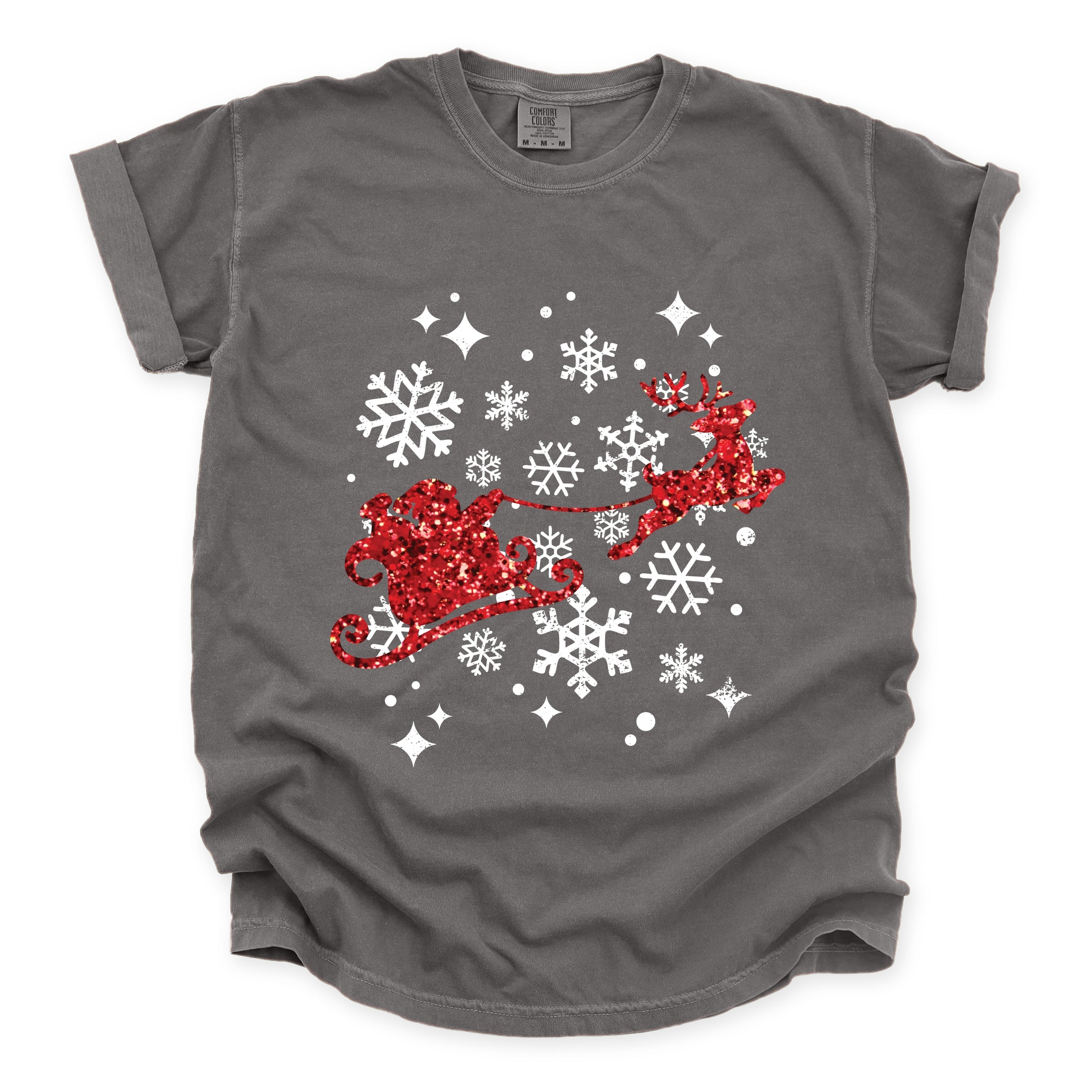 Santa Sleigh Glitter - Womens Garment Dyed Tee