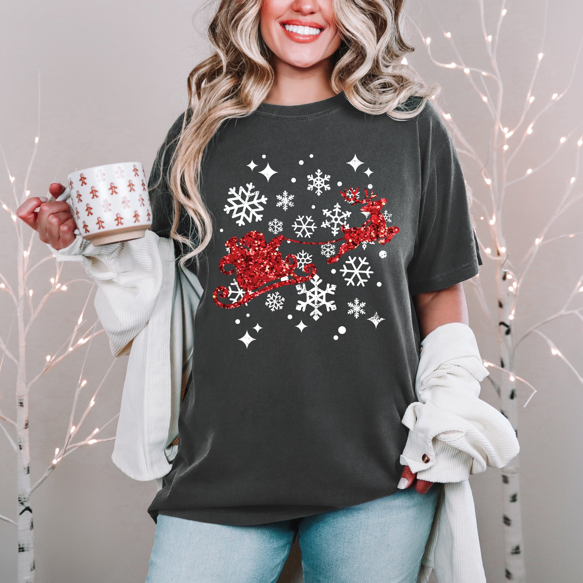 Santa Sleigh Glitter - Womens Garment Dyed Tee