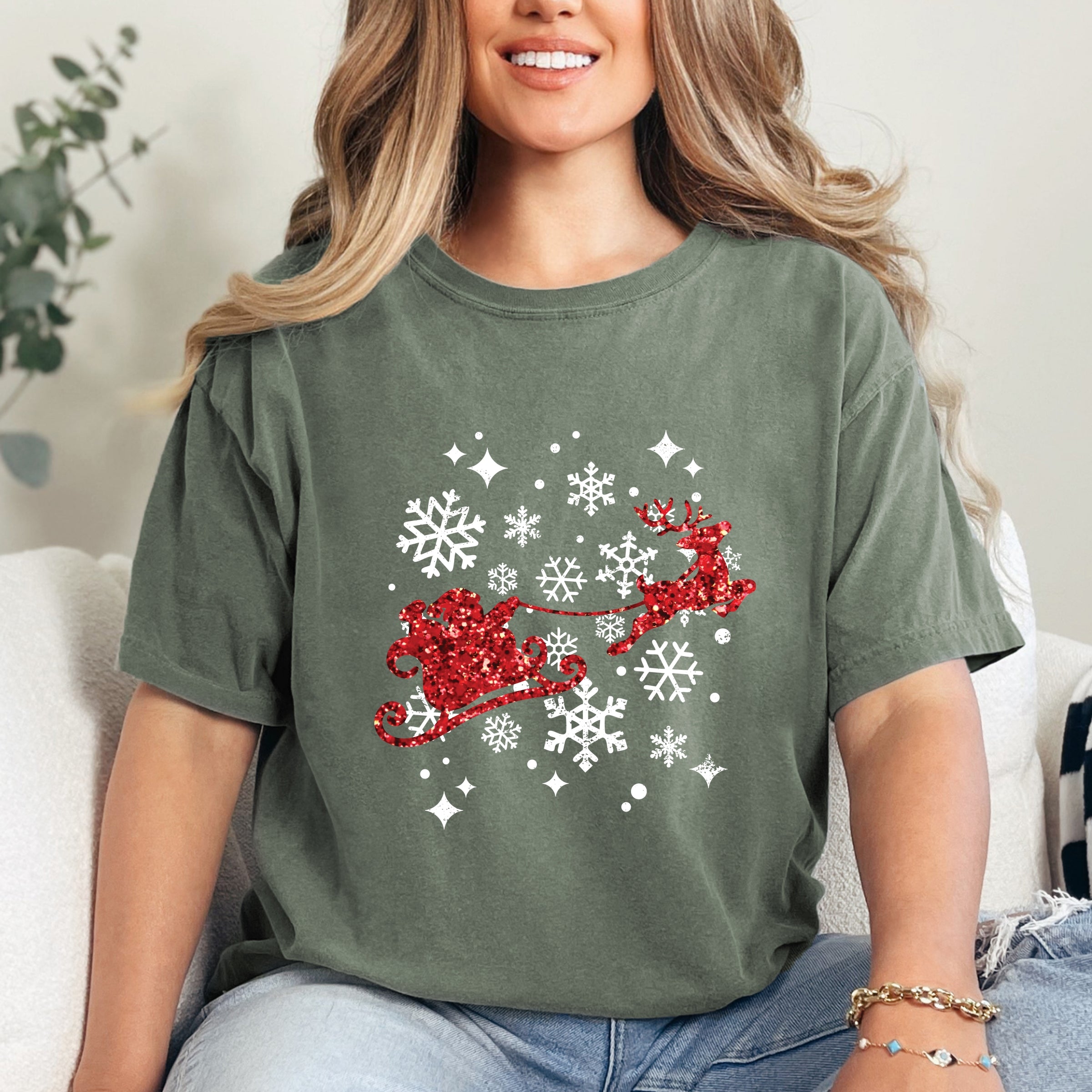 Santa Sleigh Glitter - Womens Garment Dyed Tee