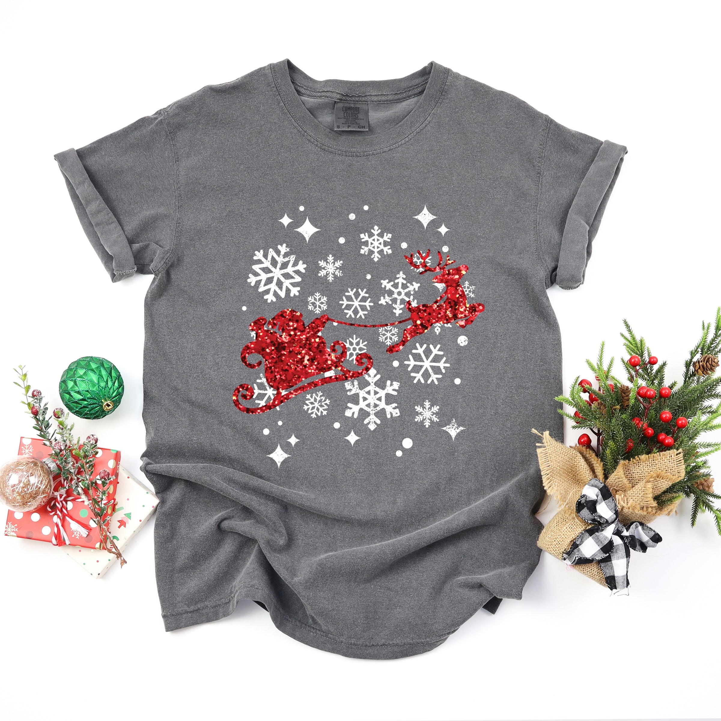Santa Sleigh Glitter - Womens Garment Dyed Tee