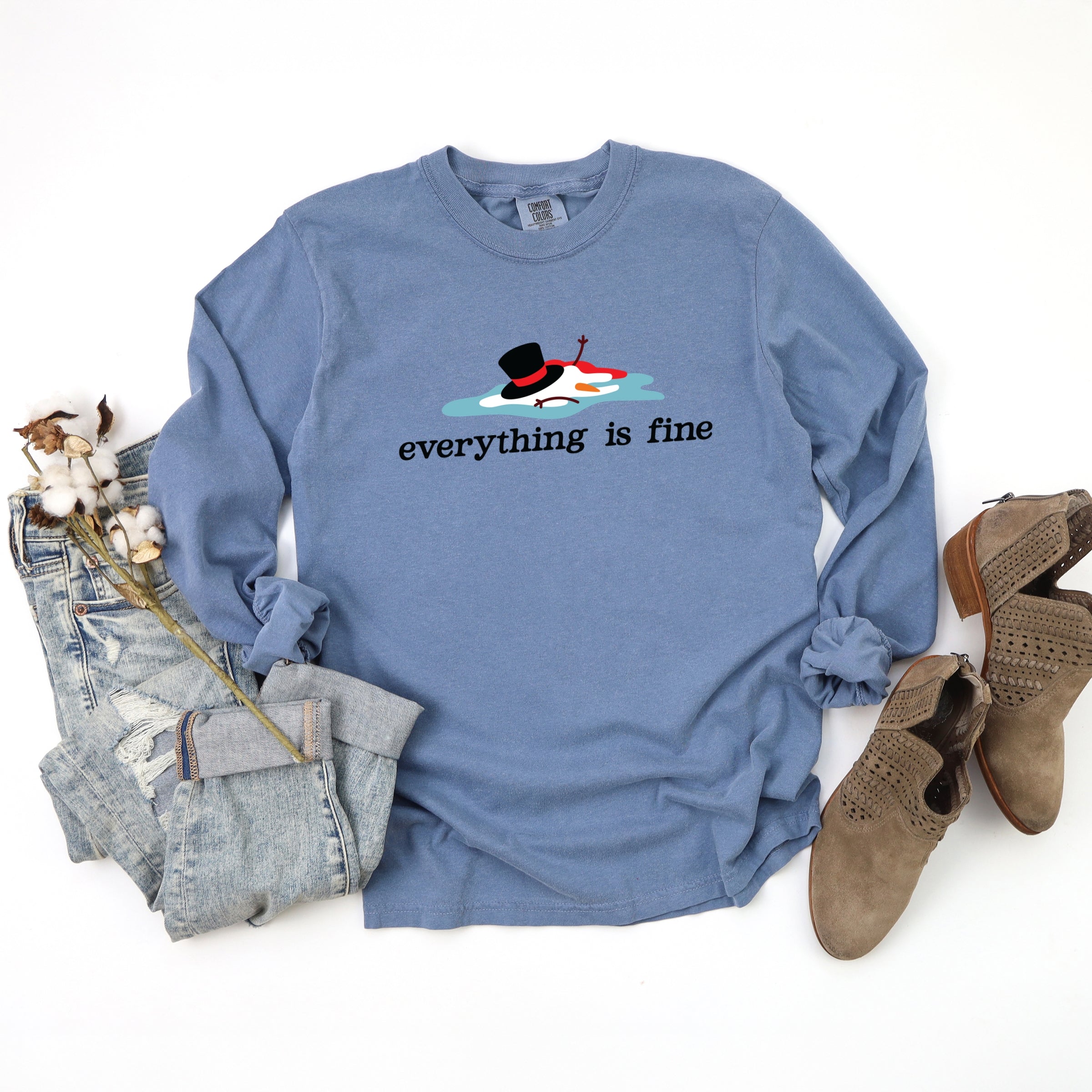 Everything Is Fine Melted Snowman - Garment Dyed Long Sleeve