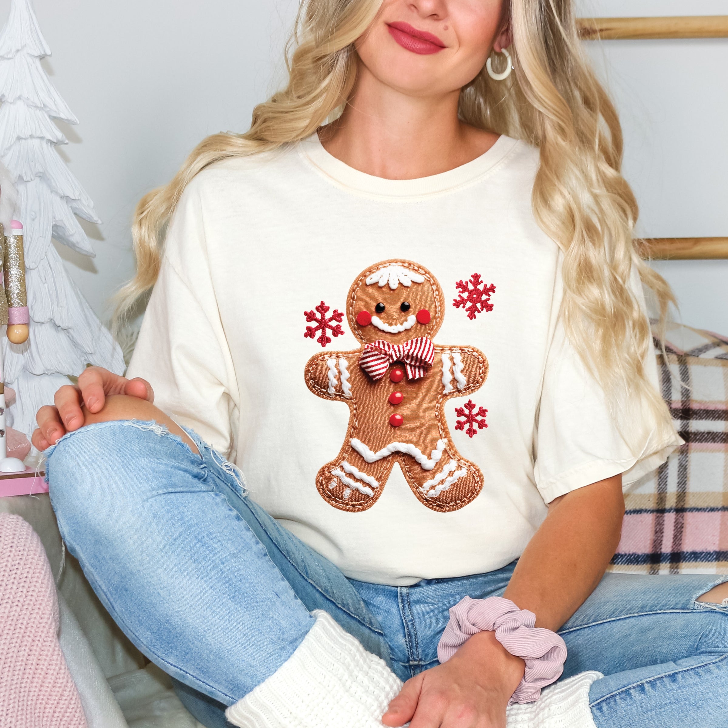 Gingerbread Patchwork Print - Womens Garment Dyed Tee