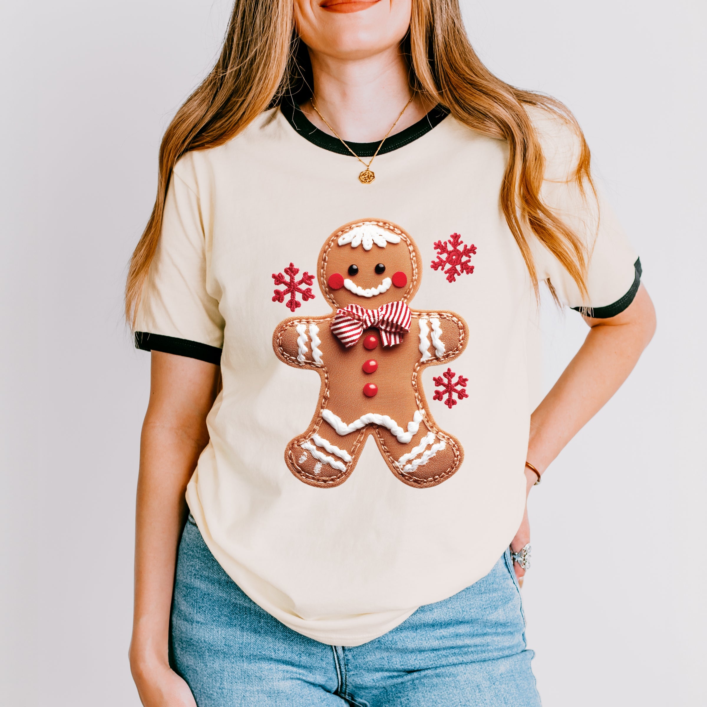 Gingerbread Patchwork Print - Womens Ringer Tee