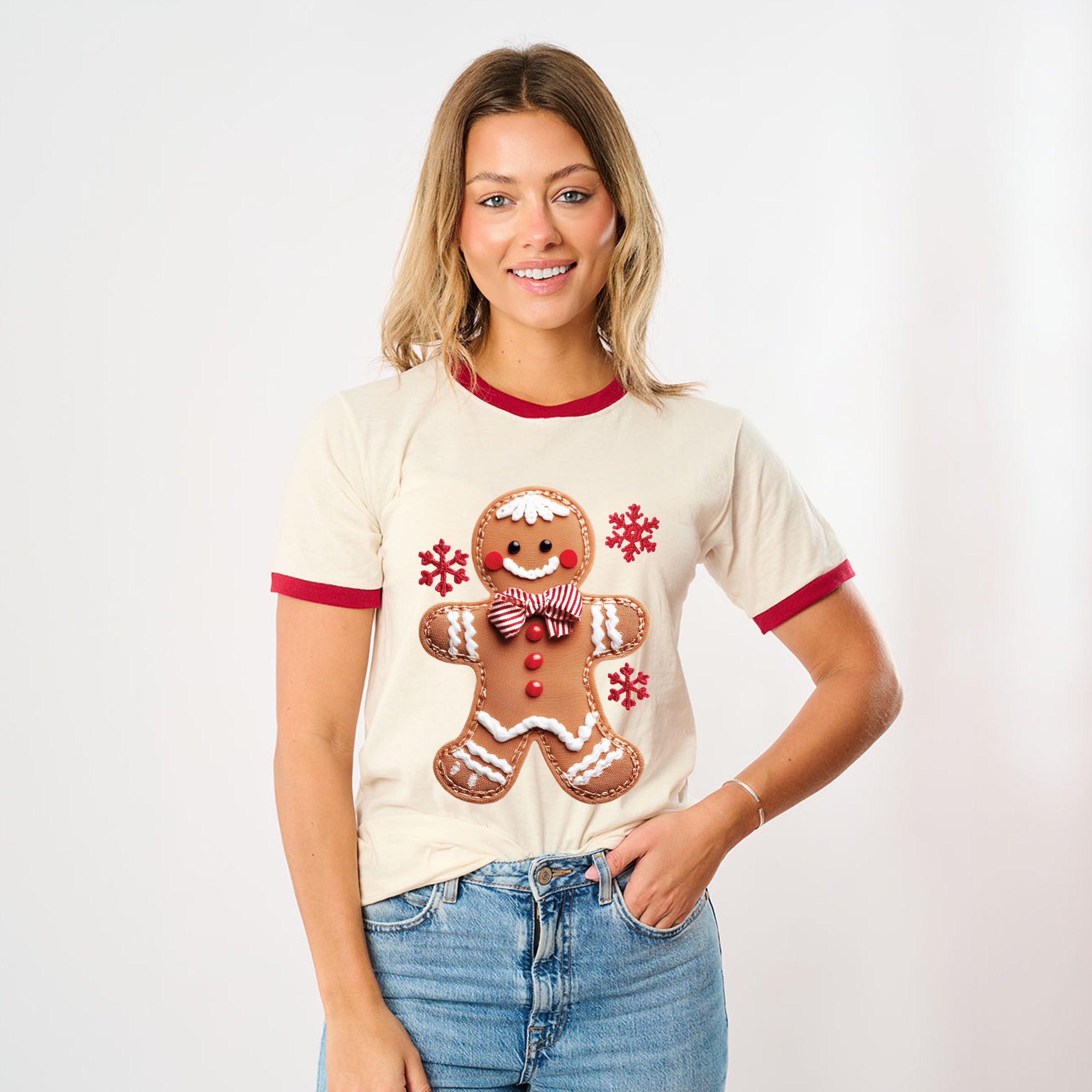 Gingerbread Patchwork Print - Womens Ringer Tee