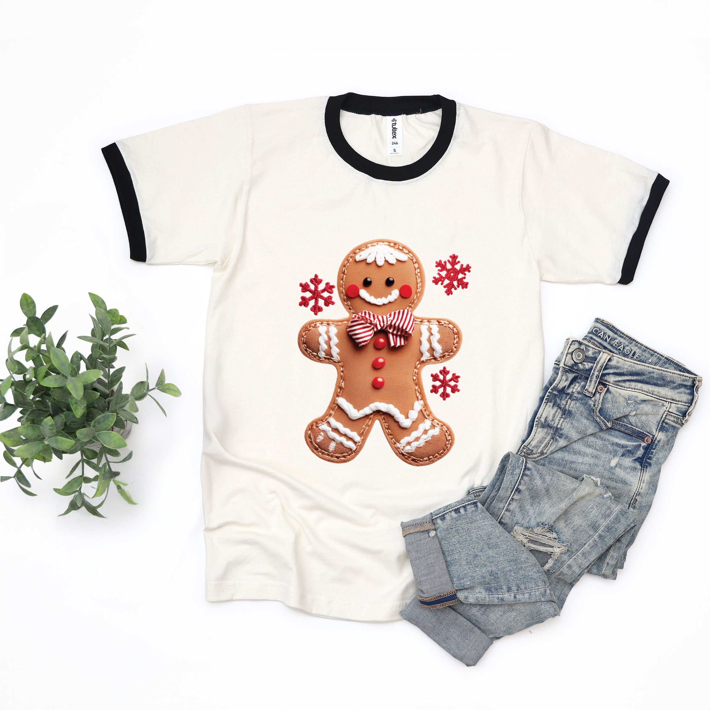 Gingerbread Patchwork Print - Womens Ringer Tee