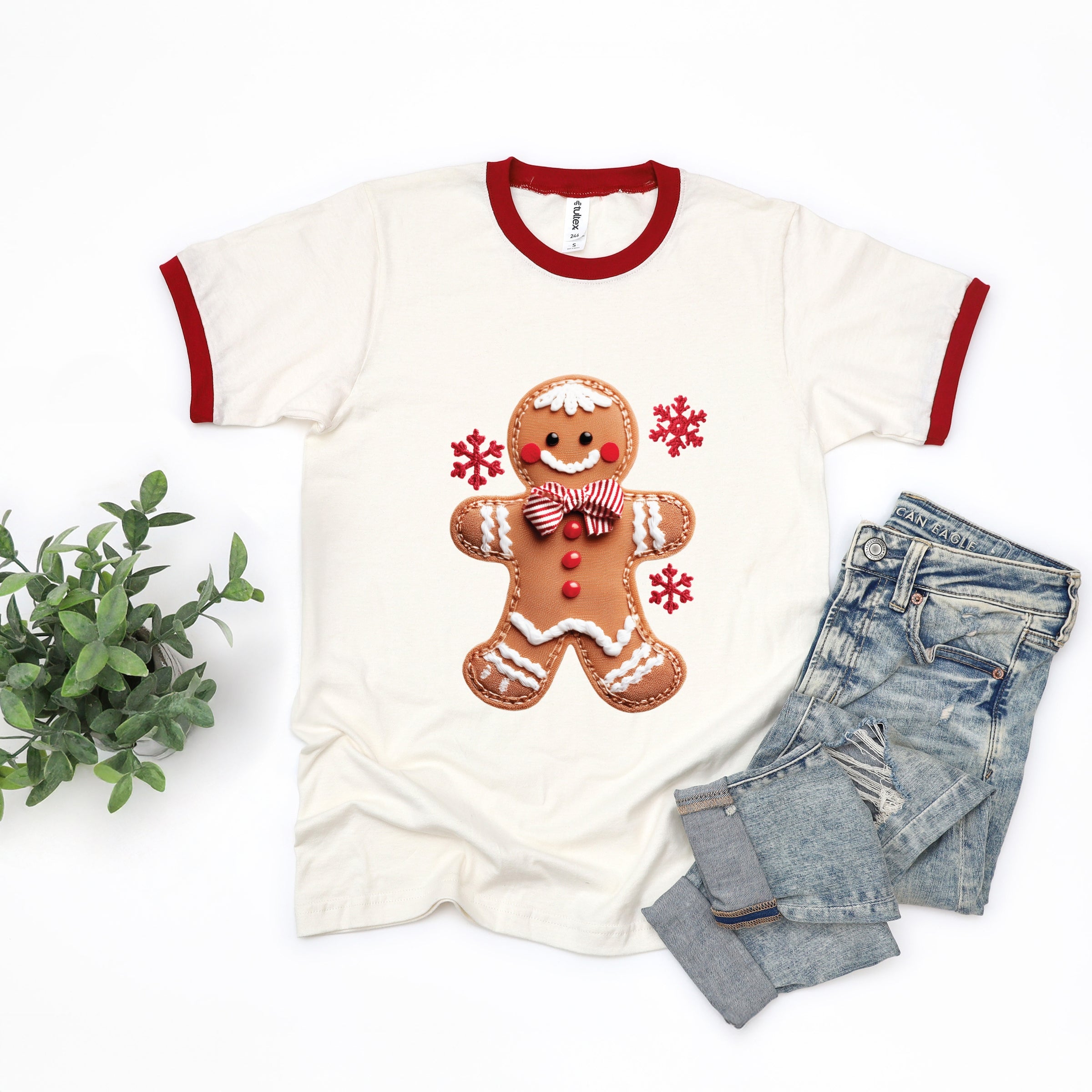 Gingerbread Patchwork Print - Womens Ringer Tee