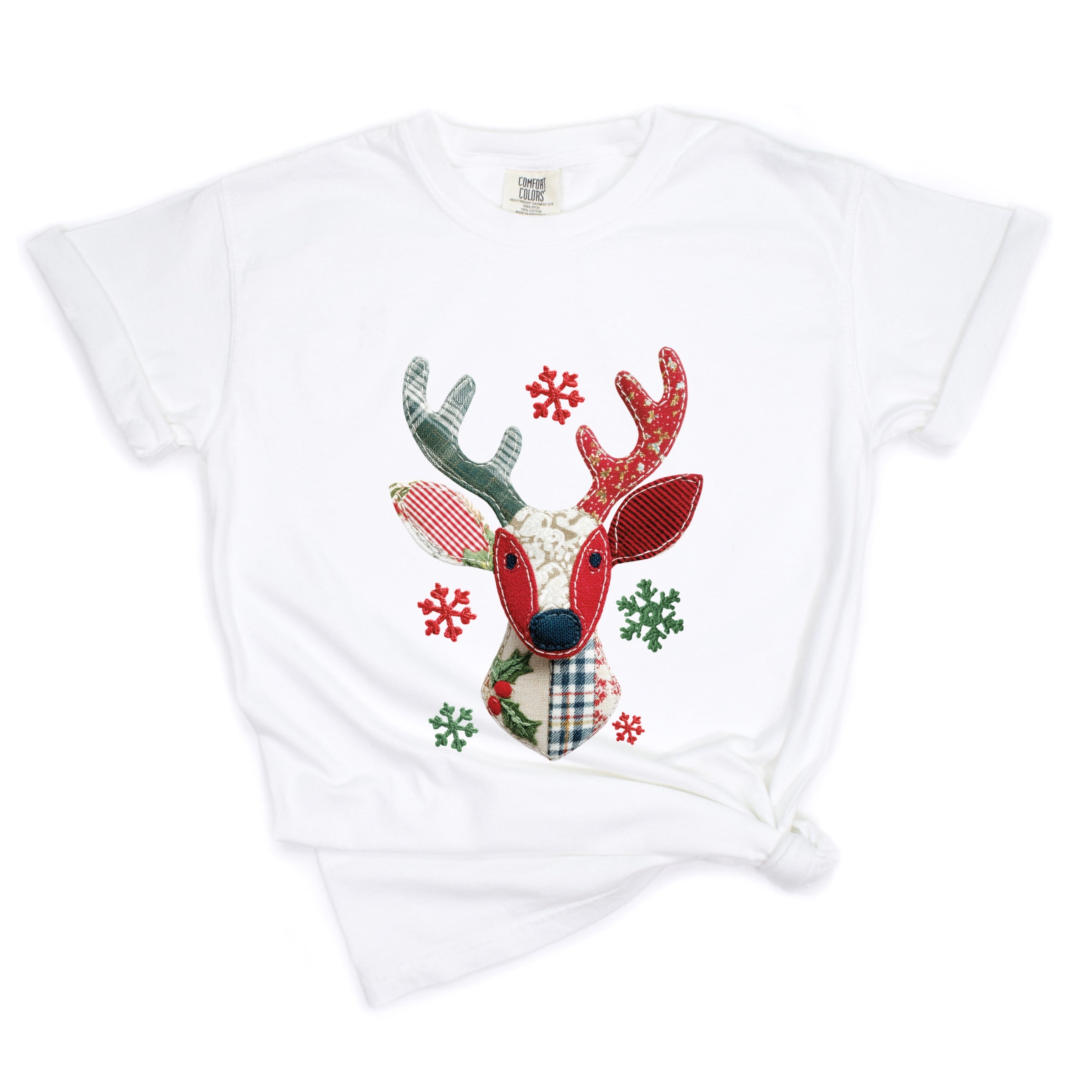 Reindeer Patchwork Print - Womens Garment Dyed Tee