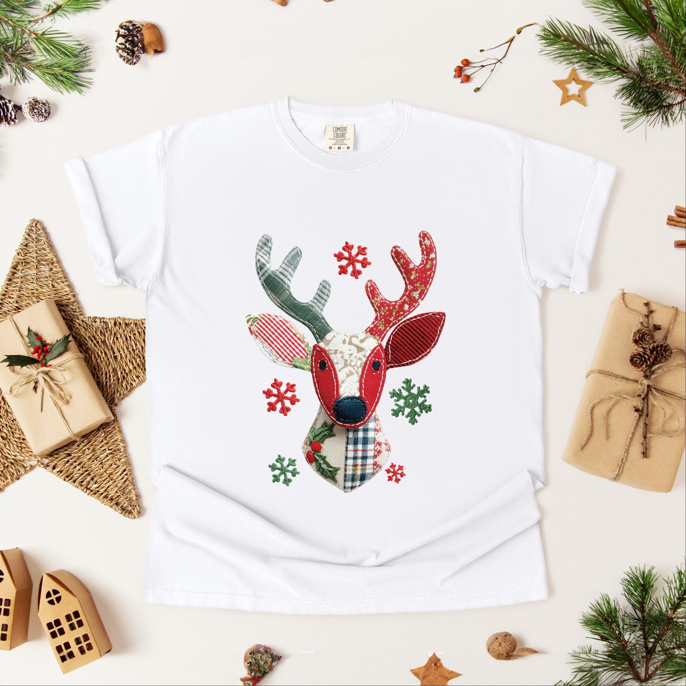 Reindeer Patchwork Print - Womens Garment Dyed Tee